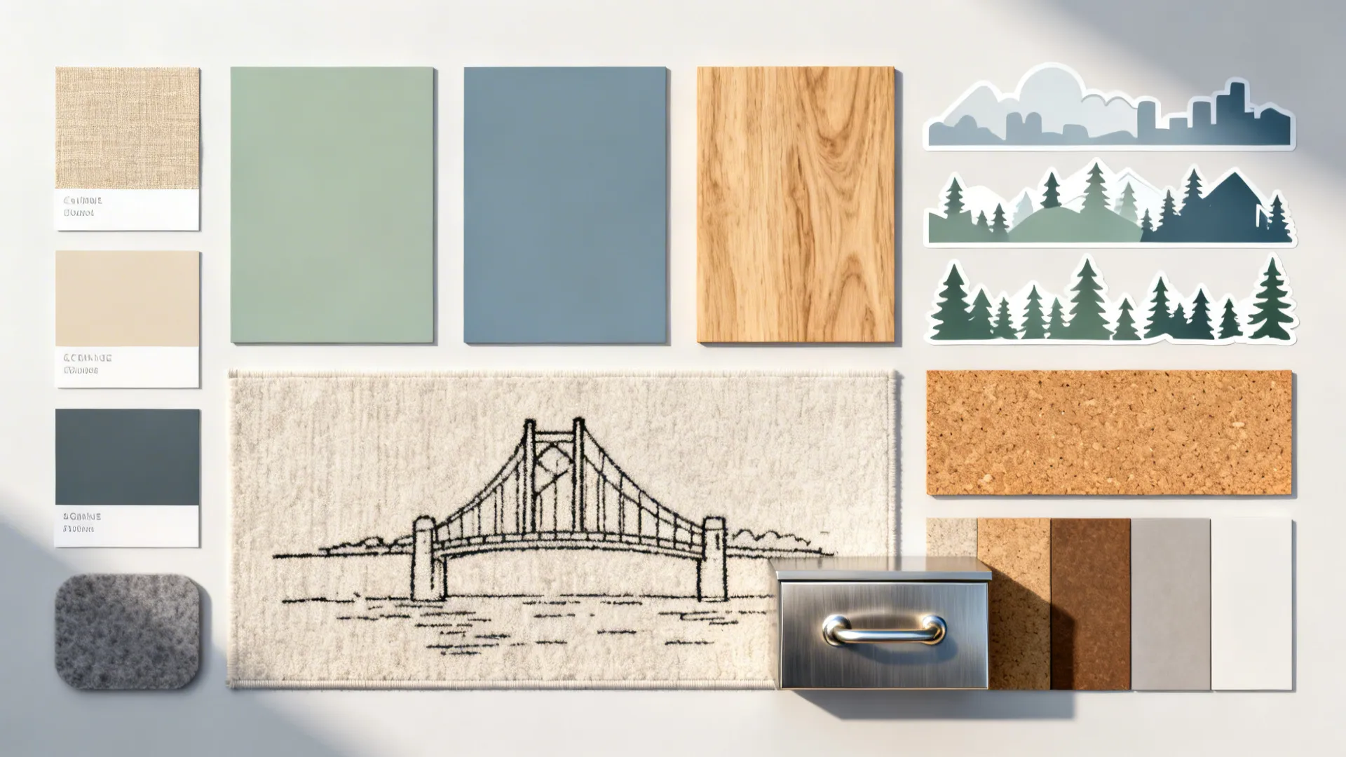 Flat lay of oat, sage, and denim palette with decals, wood, rug, cork, and hardware.