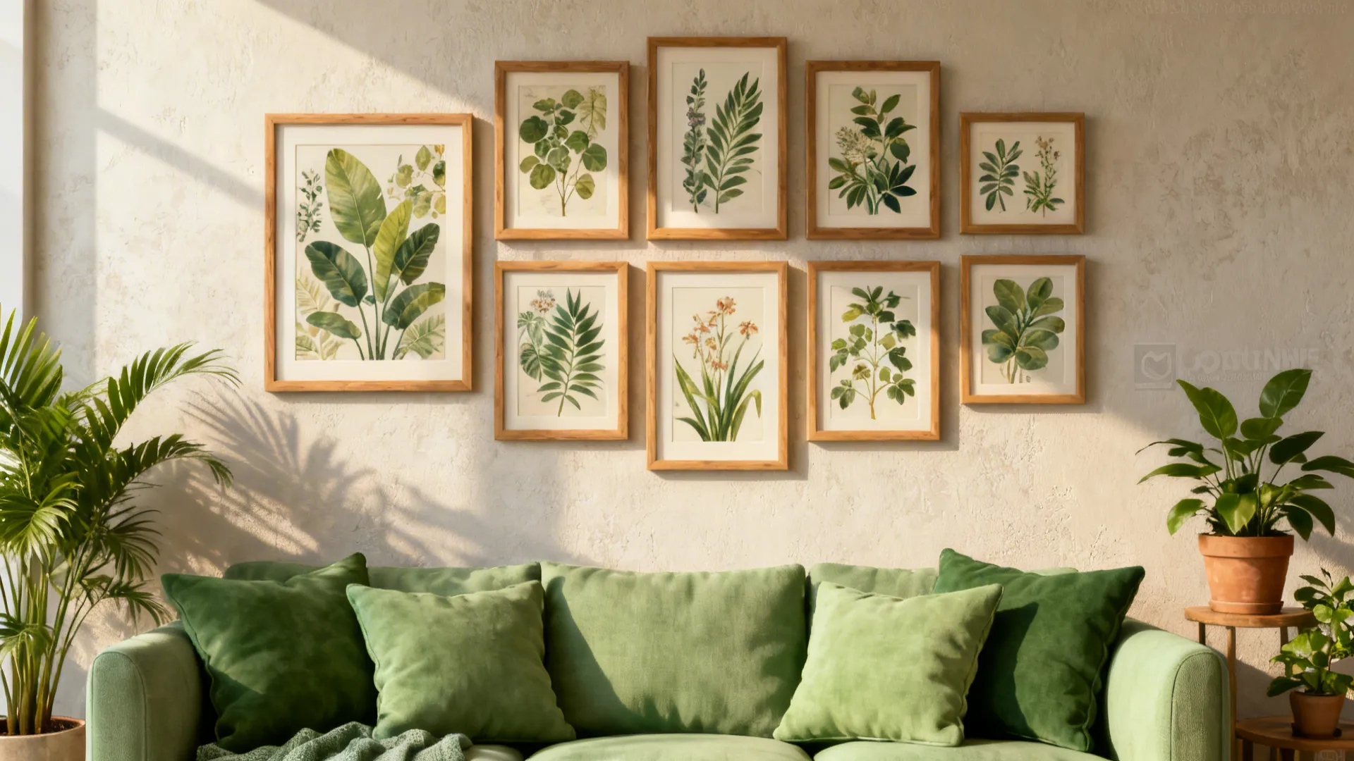 Themed botanical prints on a living room wall creating a coherent display