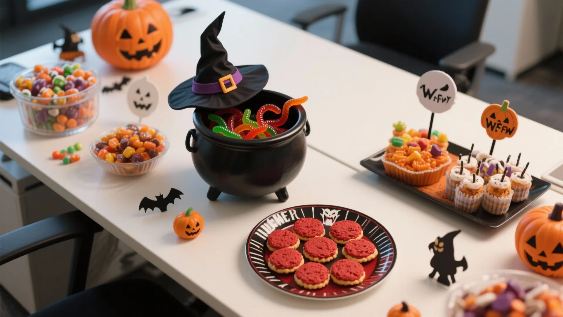 Halloween office desk display featuring gummy worms in a black pot with hat and cookies