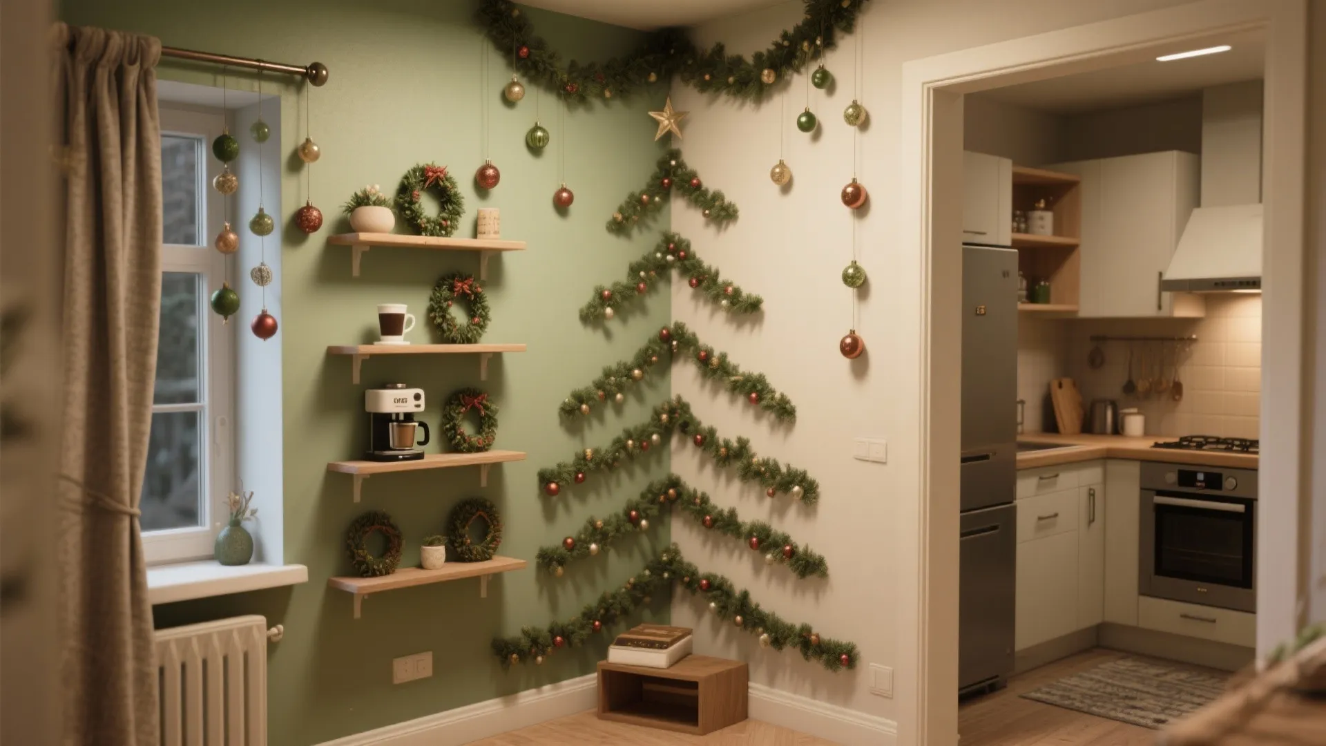 Green wall decorated with Christmas tree garland shape next to shelves with wreaths and kitchen