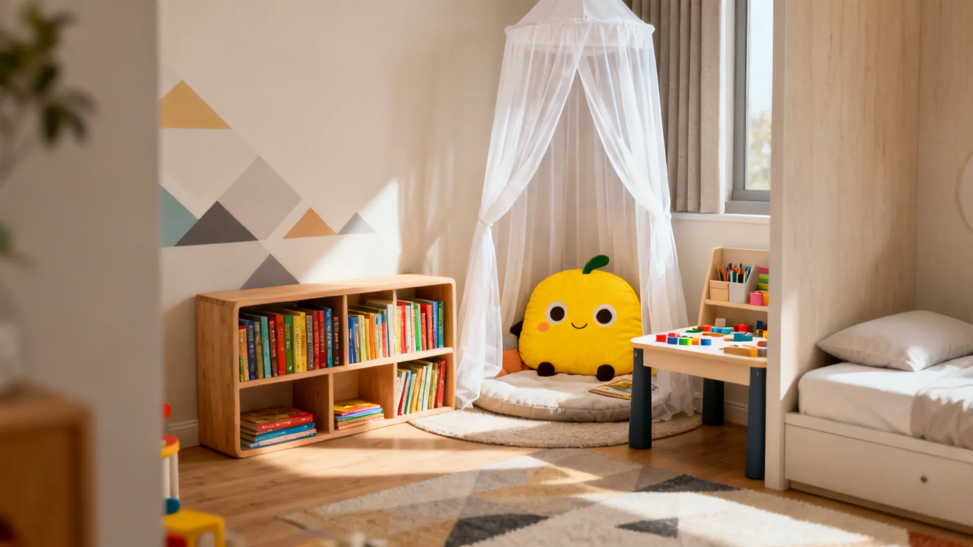 Small themed corner with canopy, low bookshelf and Hello Kitty cushion for photos and play.