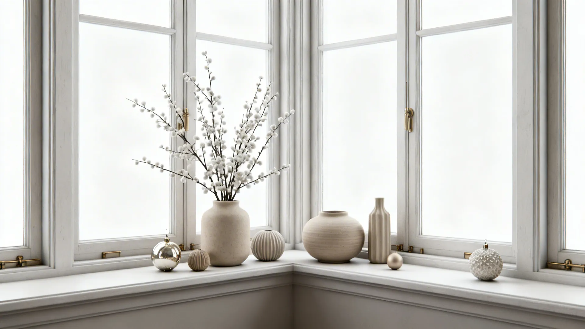Nordic minimal themed corner display in a bay window with signature ornaments and negative space.