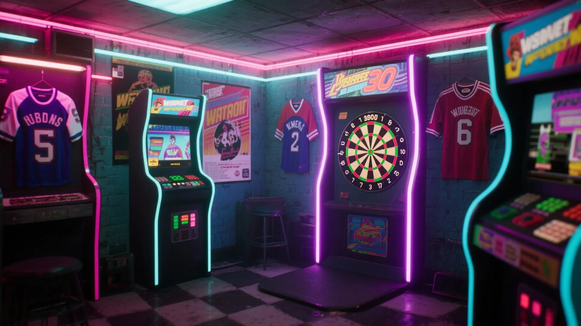 Retro arcade room with neon lights, gaming machines, dartboard, sports jerseys, and a checkered floor