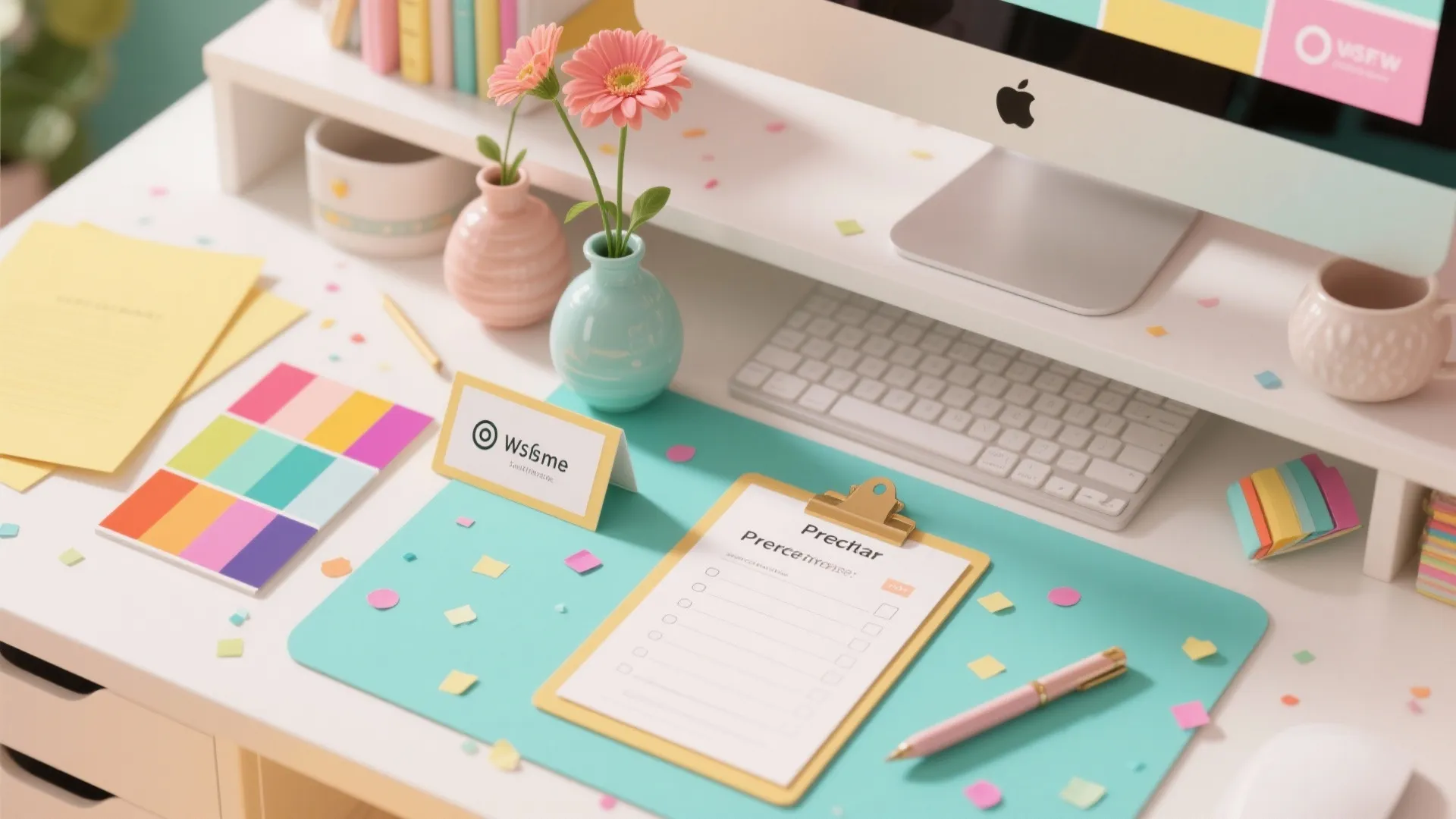 Clean white desk with computer keyboard flowers checklist clipboard colorful paper notes and pink pen accessory