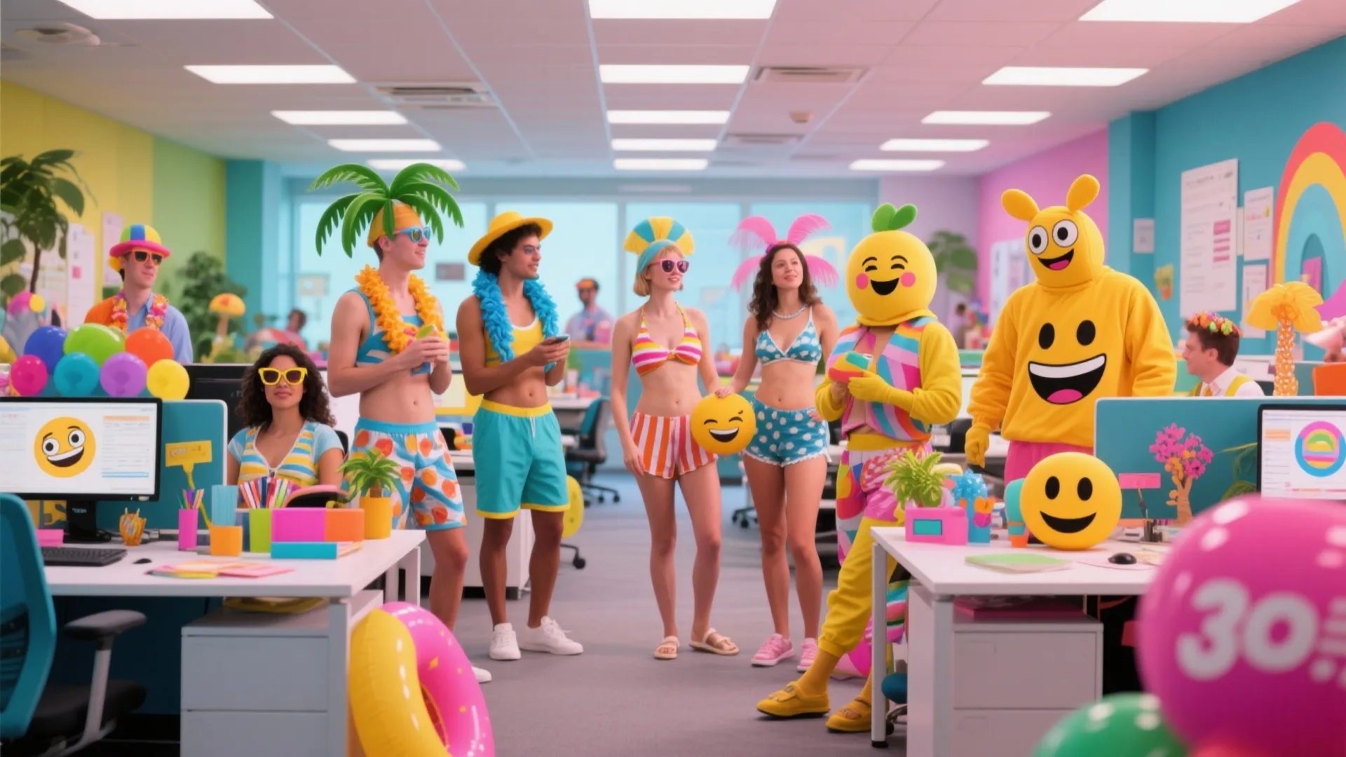 Office workers in colorful summer beach clothes and emoji costumes standing at their white desks