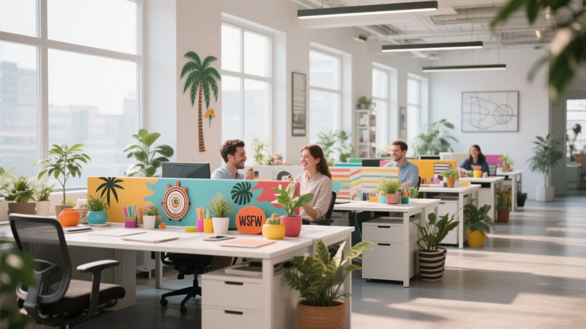 Bright open office with employees working at white desks decorated with tropical plants and art