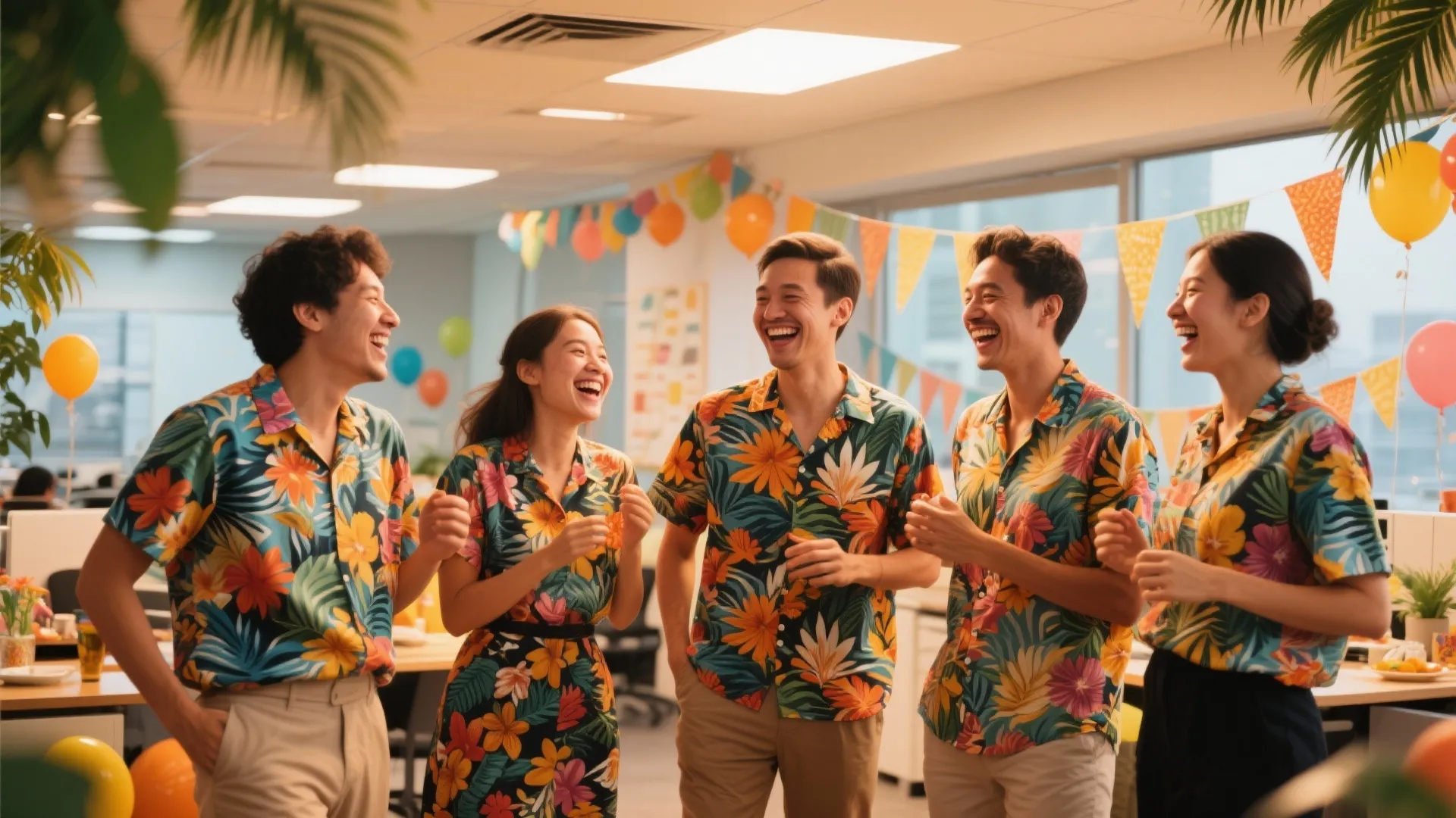 Five happy colleagues wearing colorful floral shirts laughing together during a tropical themed office party