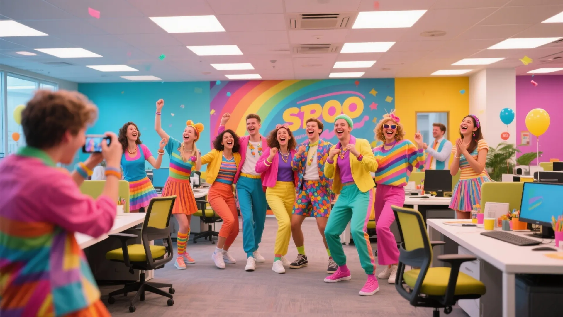 Office team dressed in fun retro outfits for themed day fundraiser