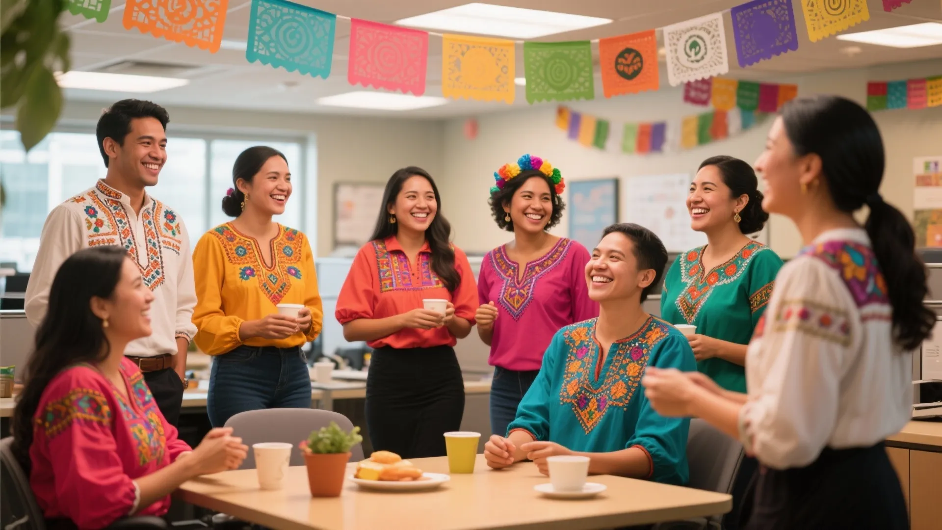 Smiling coworkers wearing colorful embroidered shirts at a themed office party around a common table