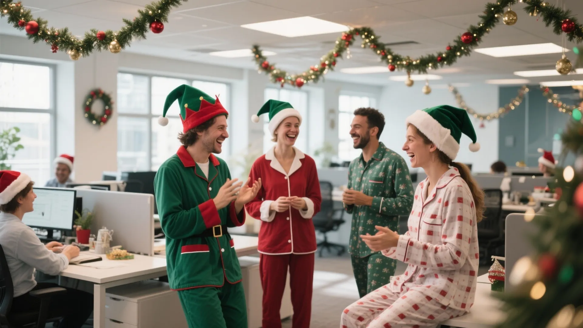 Employees wearing colorful Christmas pajamas and elf hats laughing together in a decorated office space
