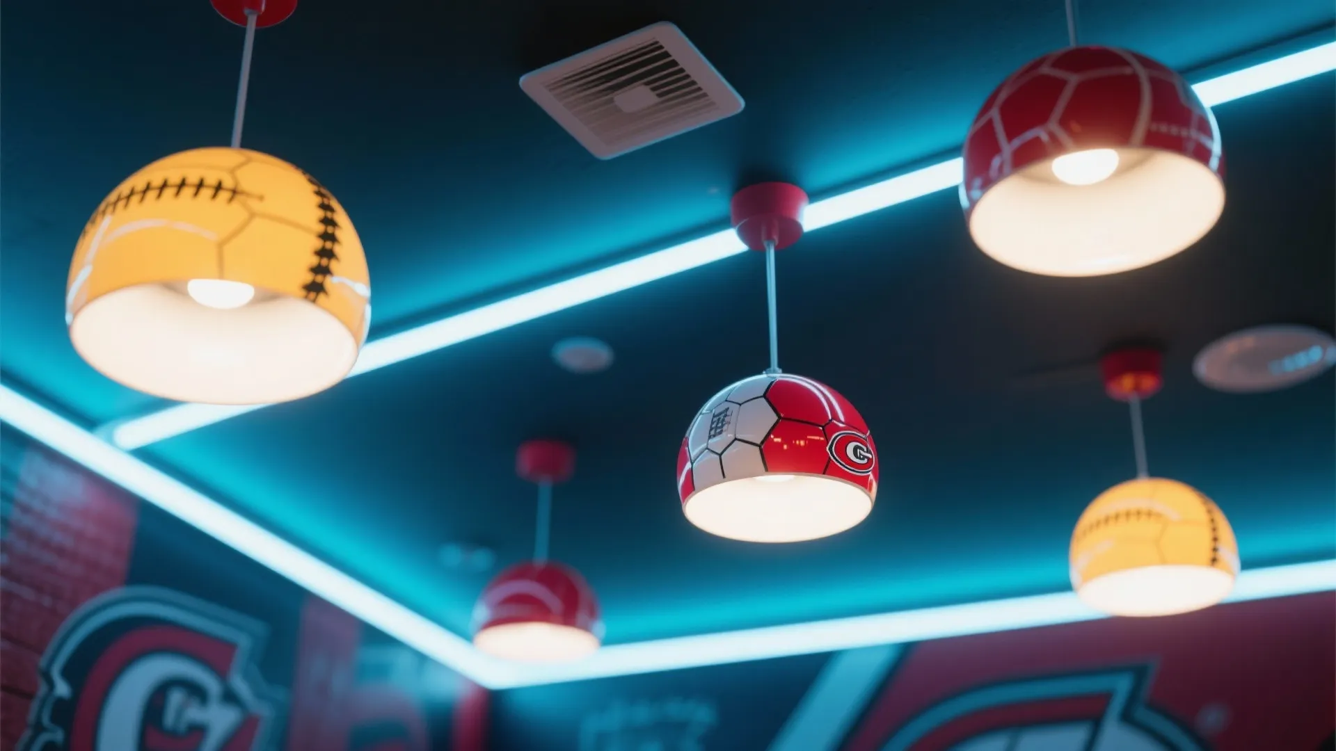 LED strip and pendant lights in team colors for basement decor.