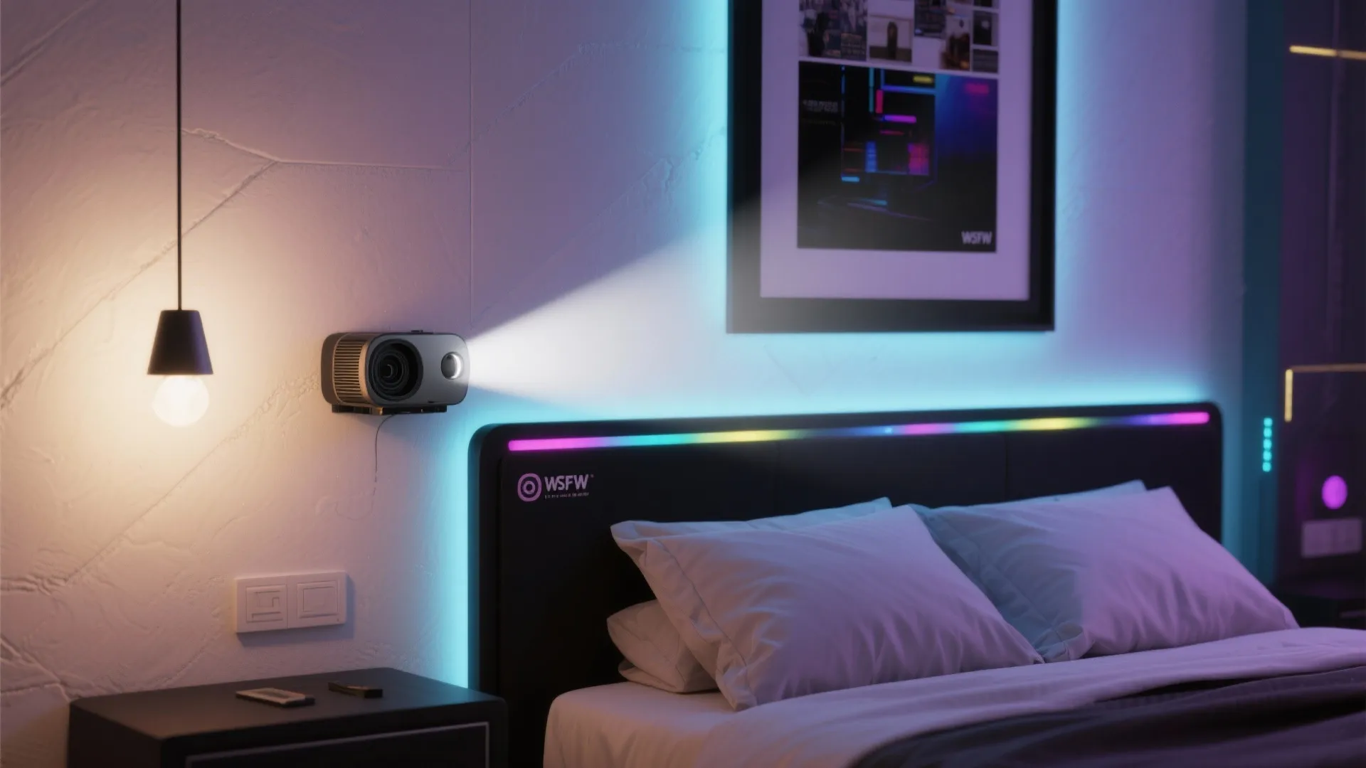 Modern bedroom featuring wall projector colorful led light strip headboard white pillows and ceiling light