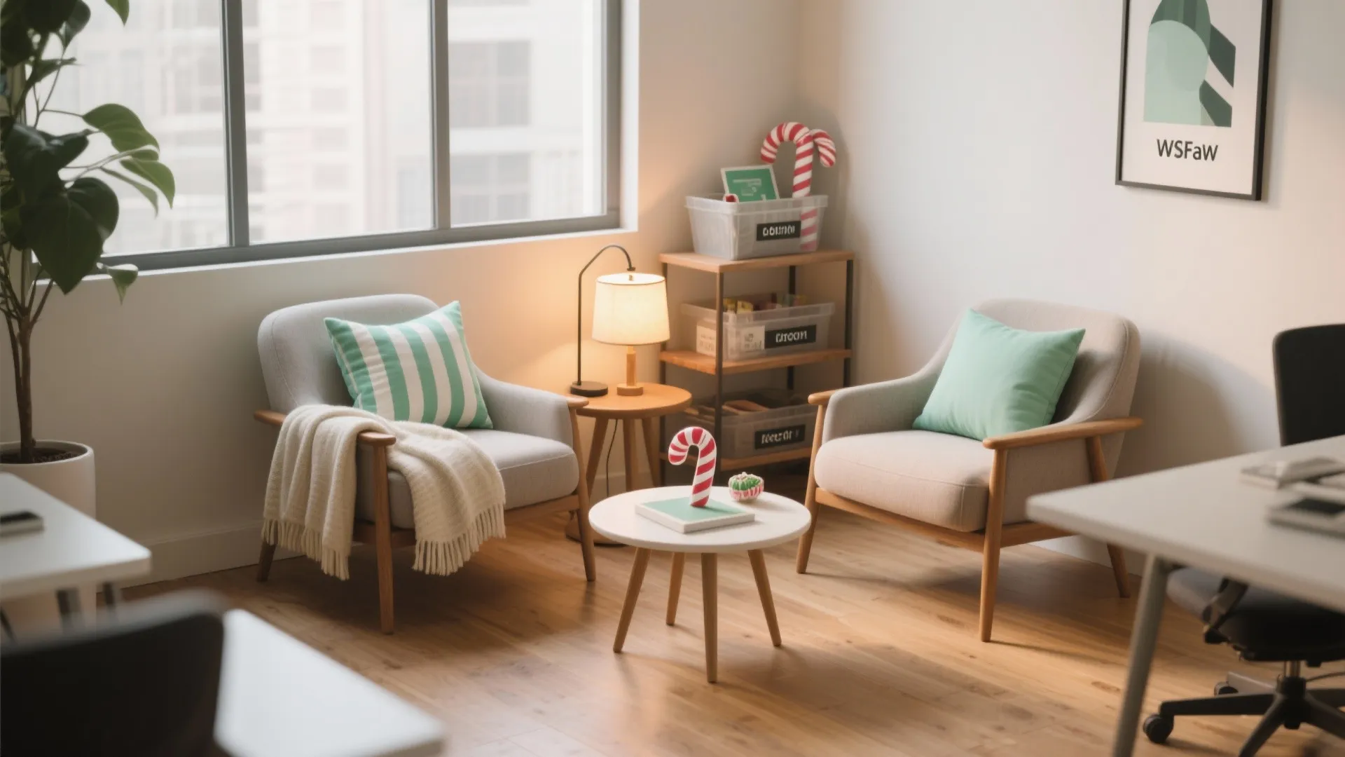 Cozy office corner featuring two grey armchairs, white coffee table, lamp, and festive holiday candy decorations