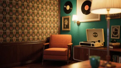 Retro Vinyl Lounge with Teal & Terracotta Accents