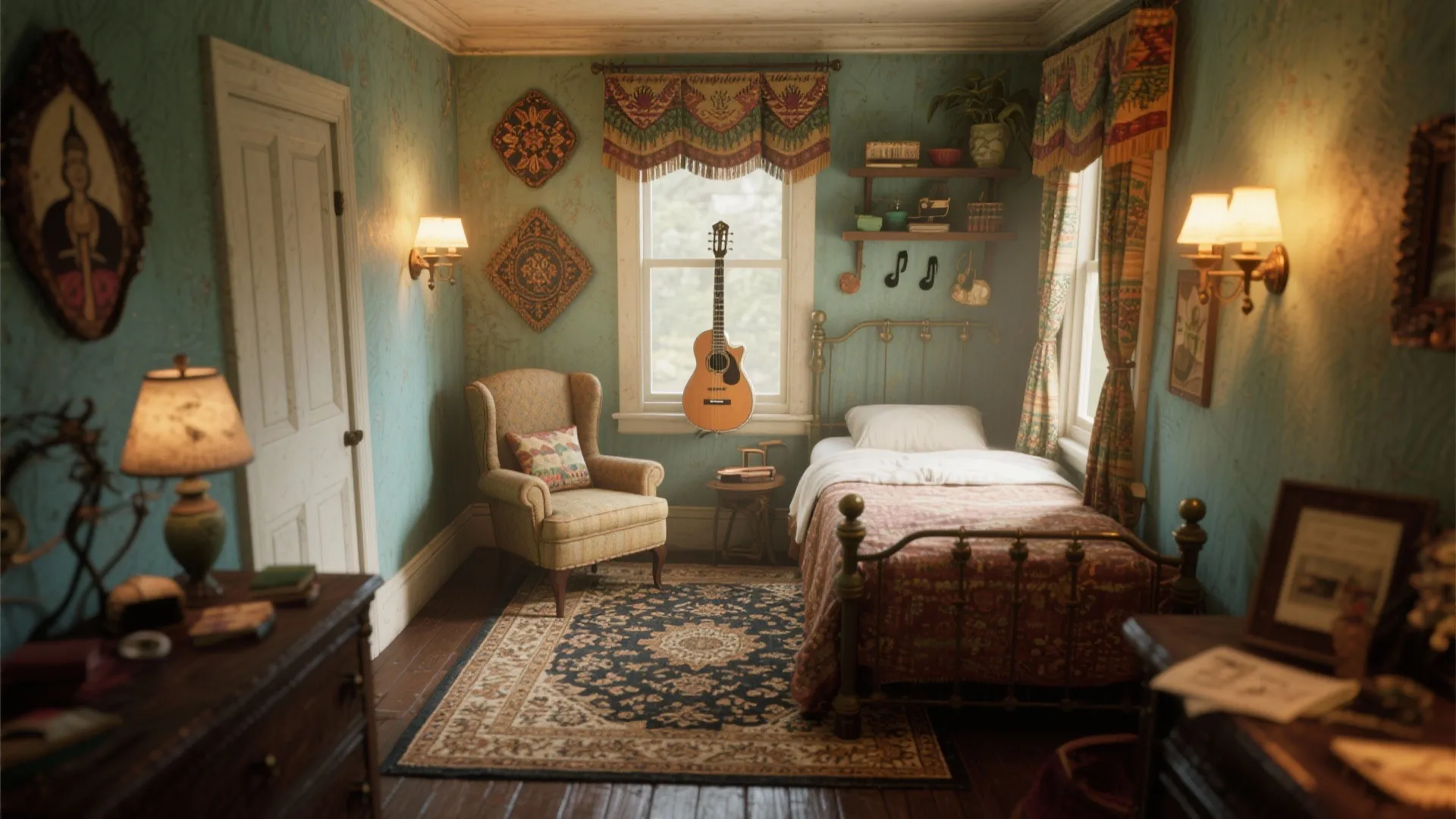 Themed music nook with vintage accents and warm lighting in a small New Orleans bedroom.