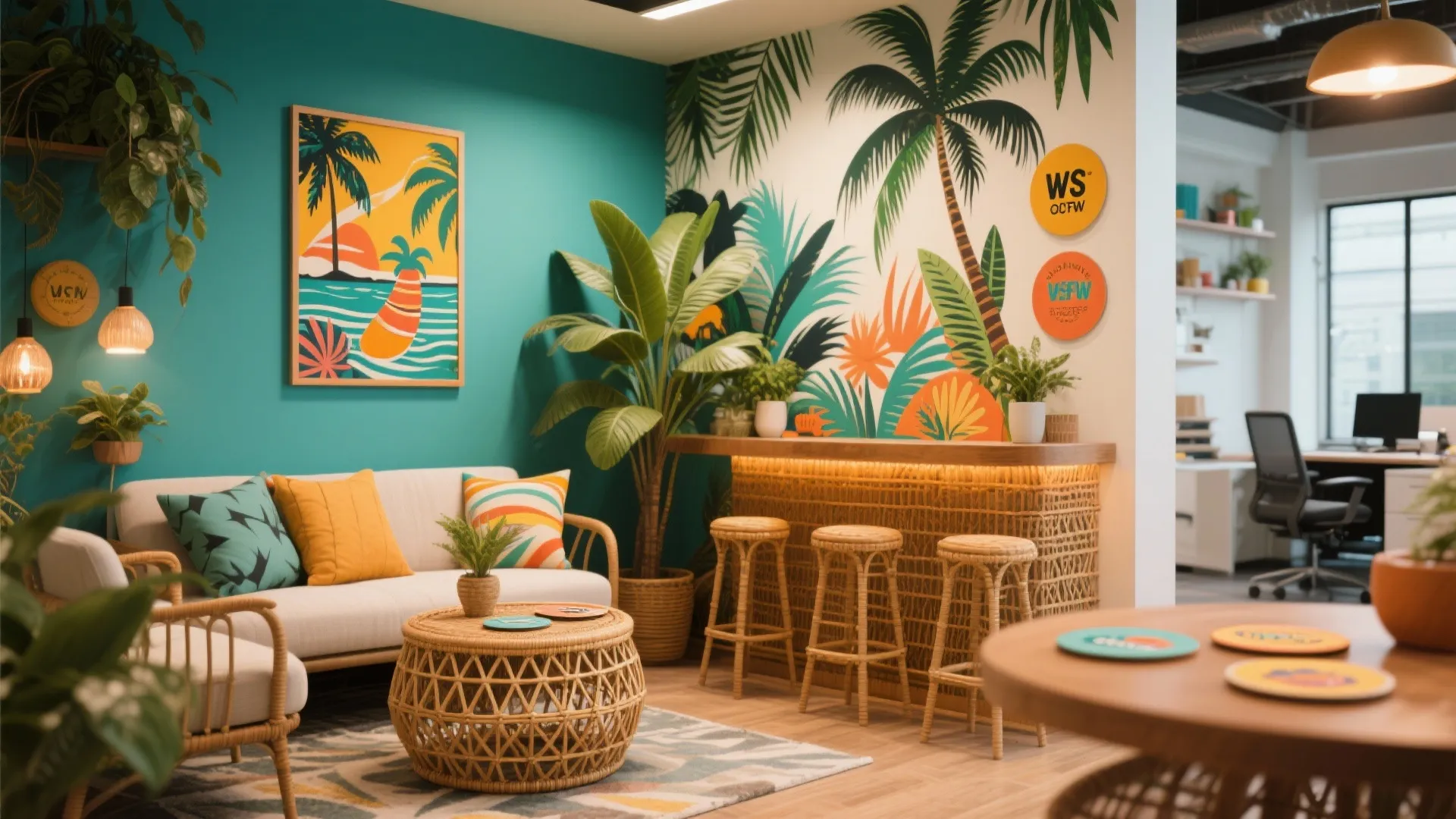 Tropical office lounge with palm tree mural plus sofa and small bar with woven stools