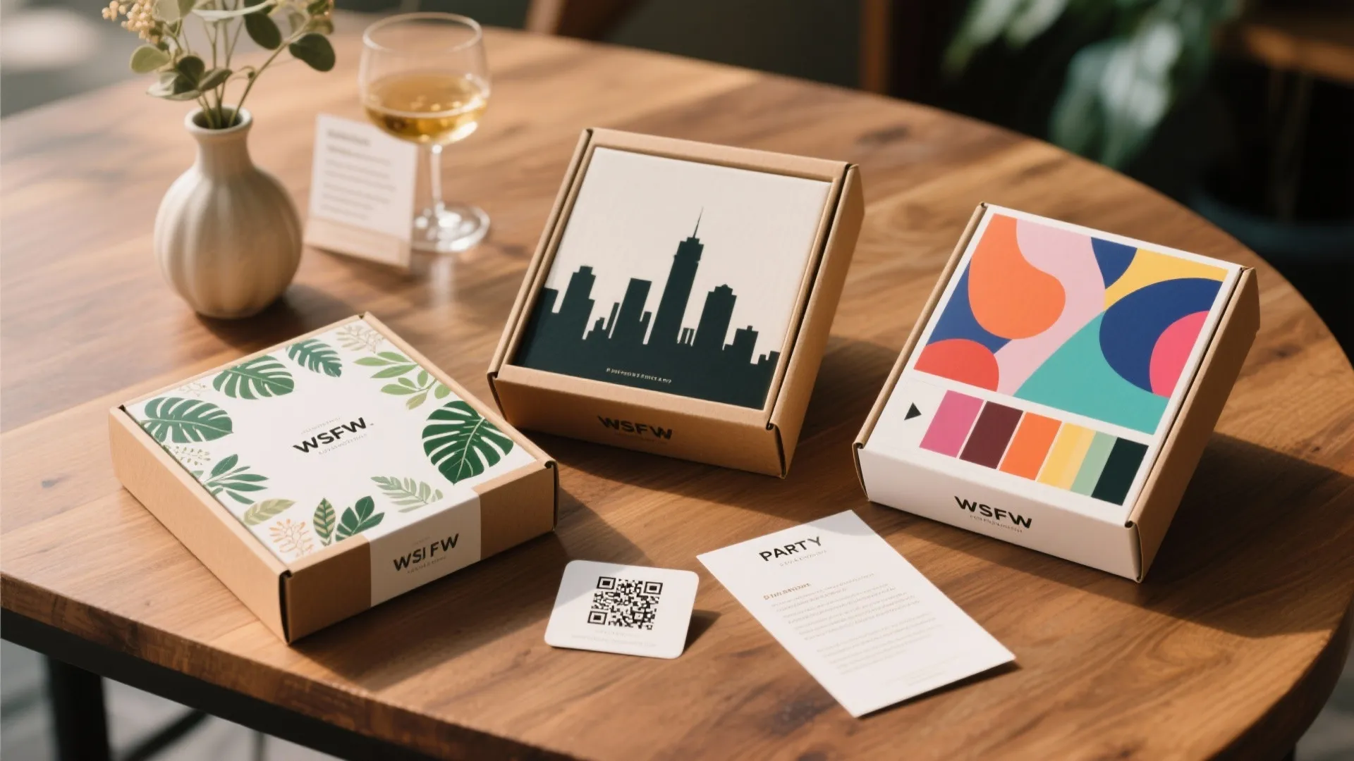 Three different themed boxes on a wooden table with a glass of wine and plants