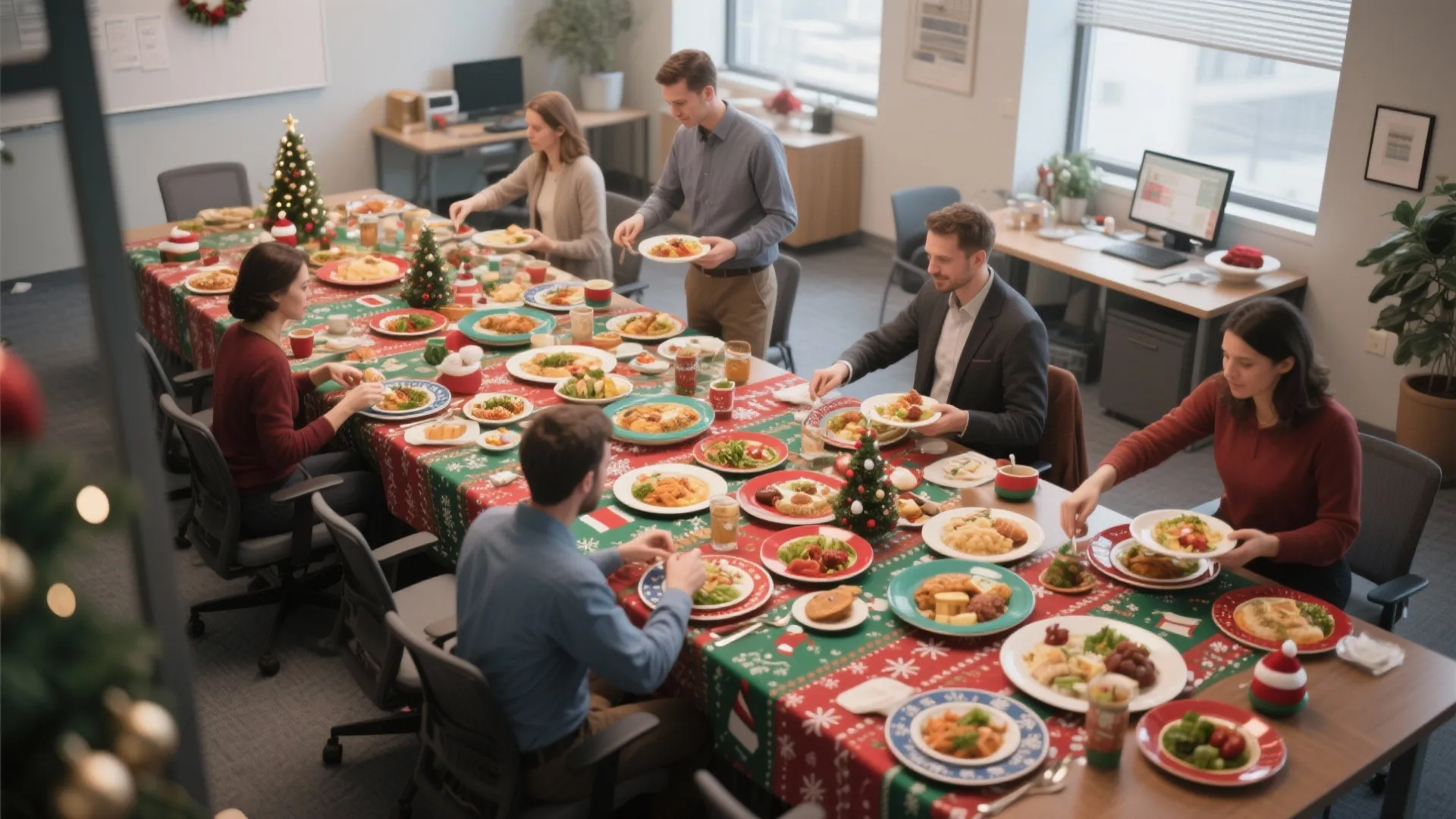Office potluck lunch table with diverse Christmas dishes