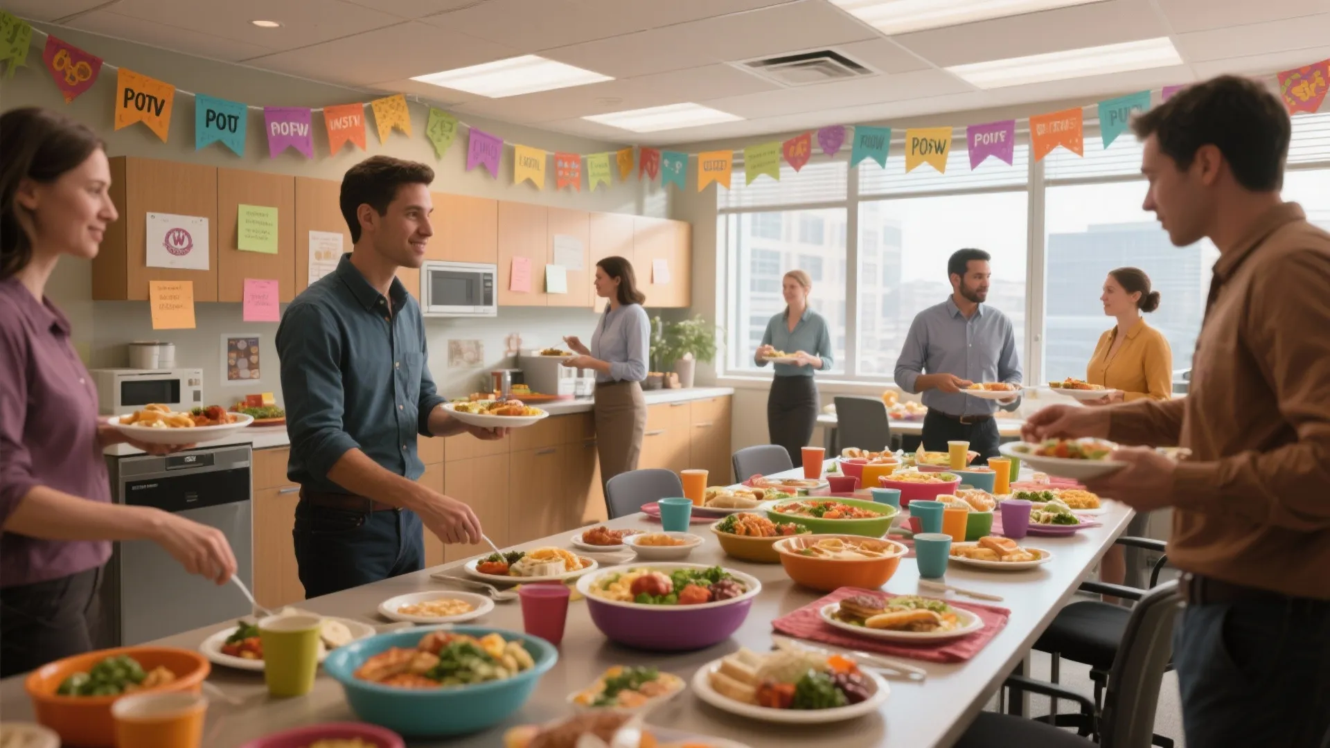 Office workers having a potluck lunch with various food dishes on a long dining table