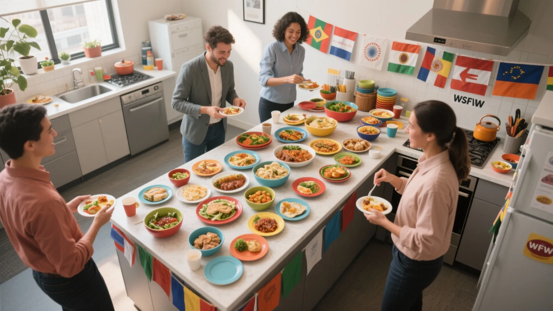 People gathering around a kitchen island filled with various food bowls and international flags hanging above
