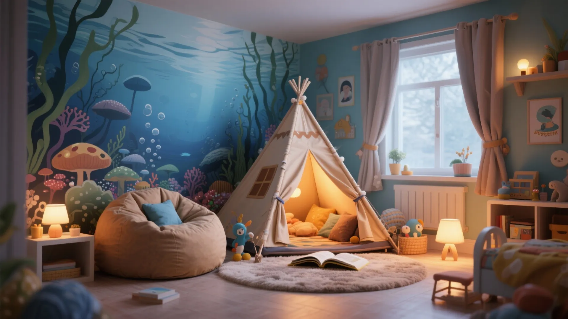Kids reading corner with camping tent and underwater mural