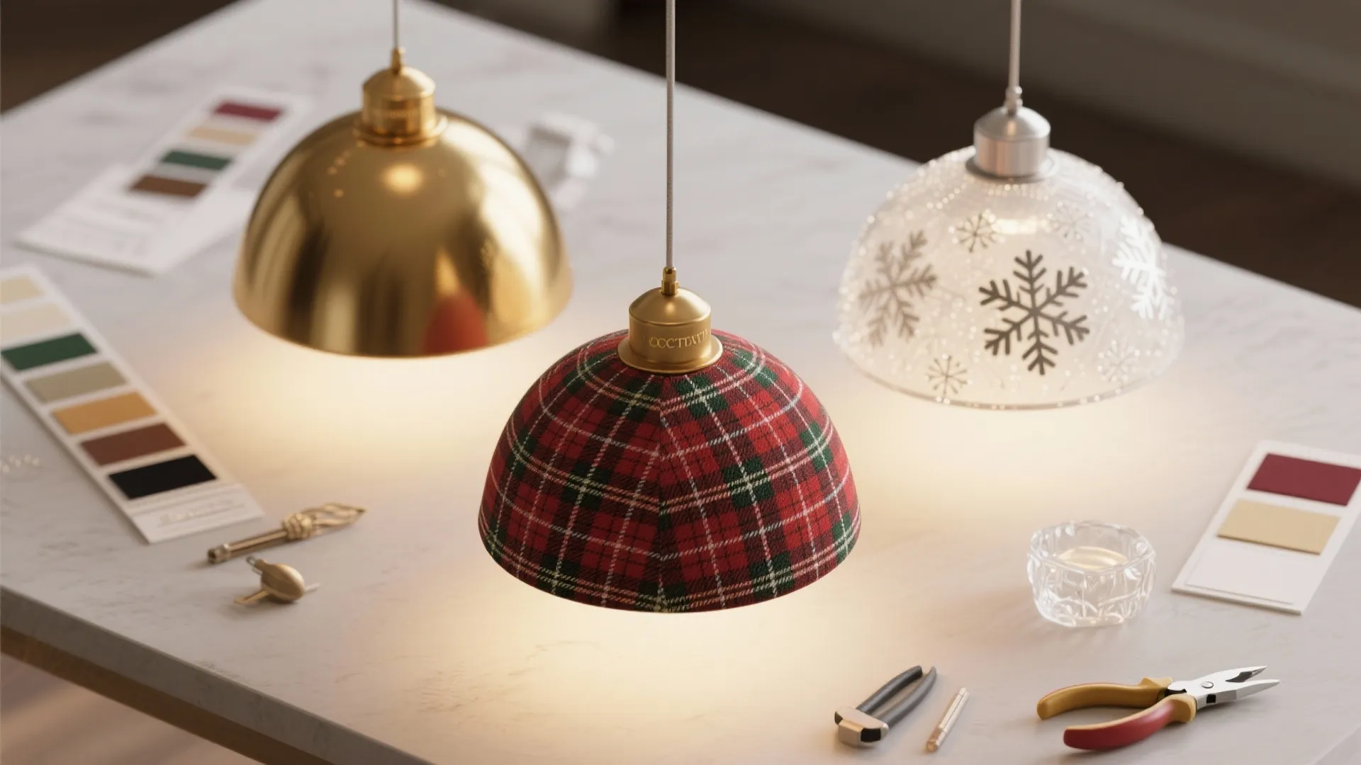 Three ceiling light covers in gold plaid and glass styles on a white work table