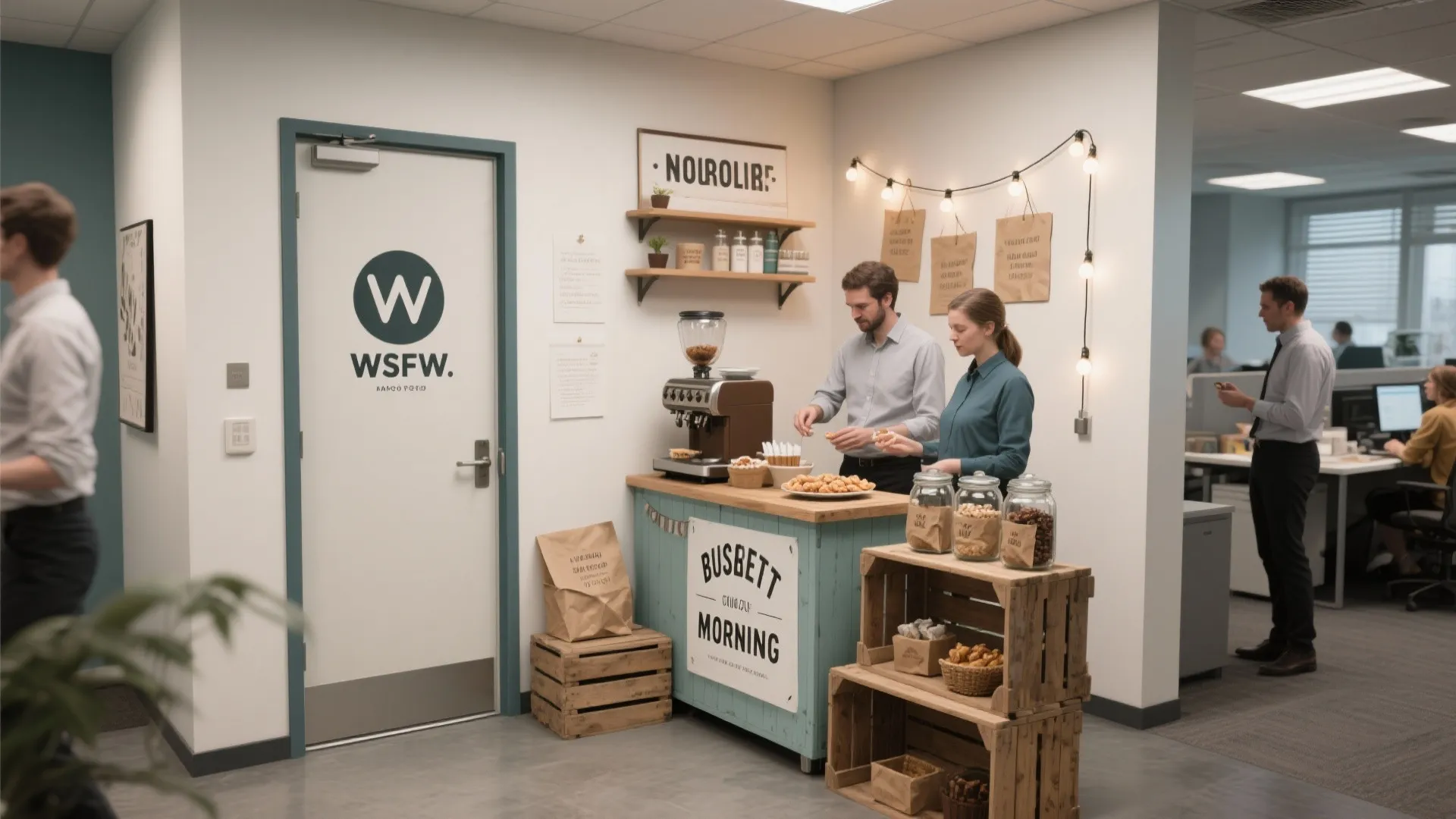 Office snack bar area with people choosing food near a coffee machine and wooden crates