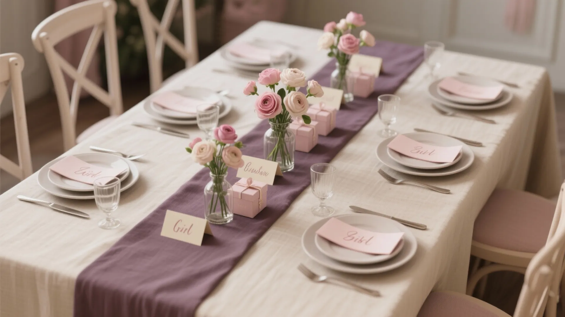 Long dining table with purple runner pink flowers small gift boxes and white name cards