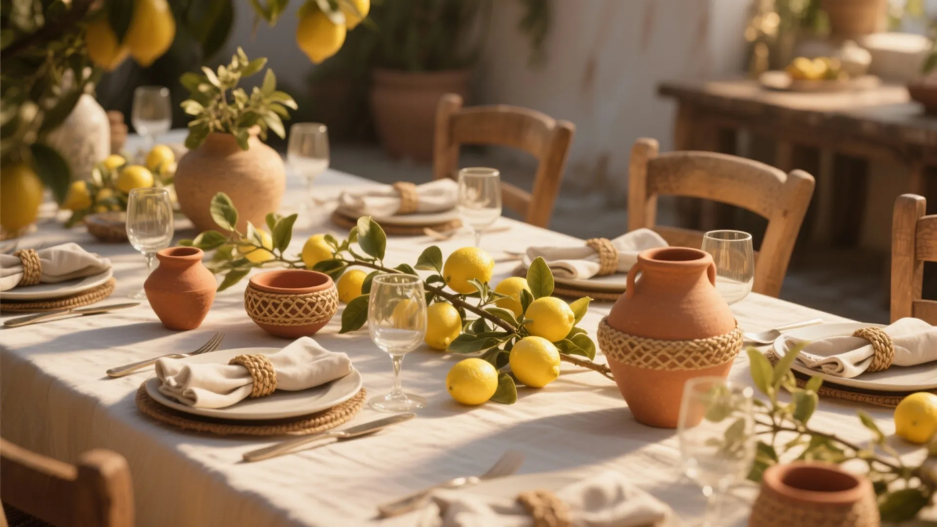 Outdoor dining table with white cloth and fresh yellow lemons on branches and clay jars