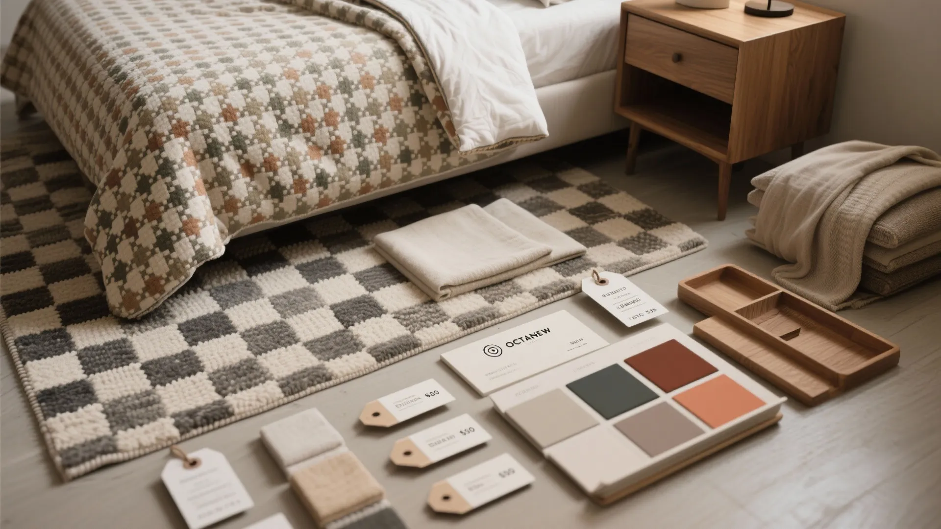 Interior design mood board on floor with fabric samples color swatches and checkered pattern rug