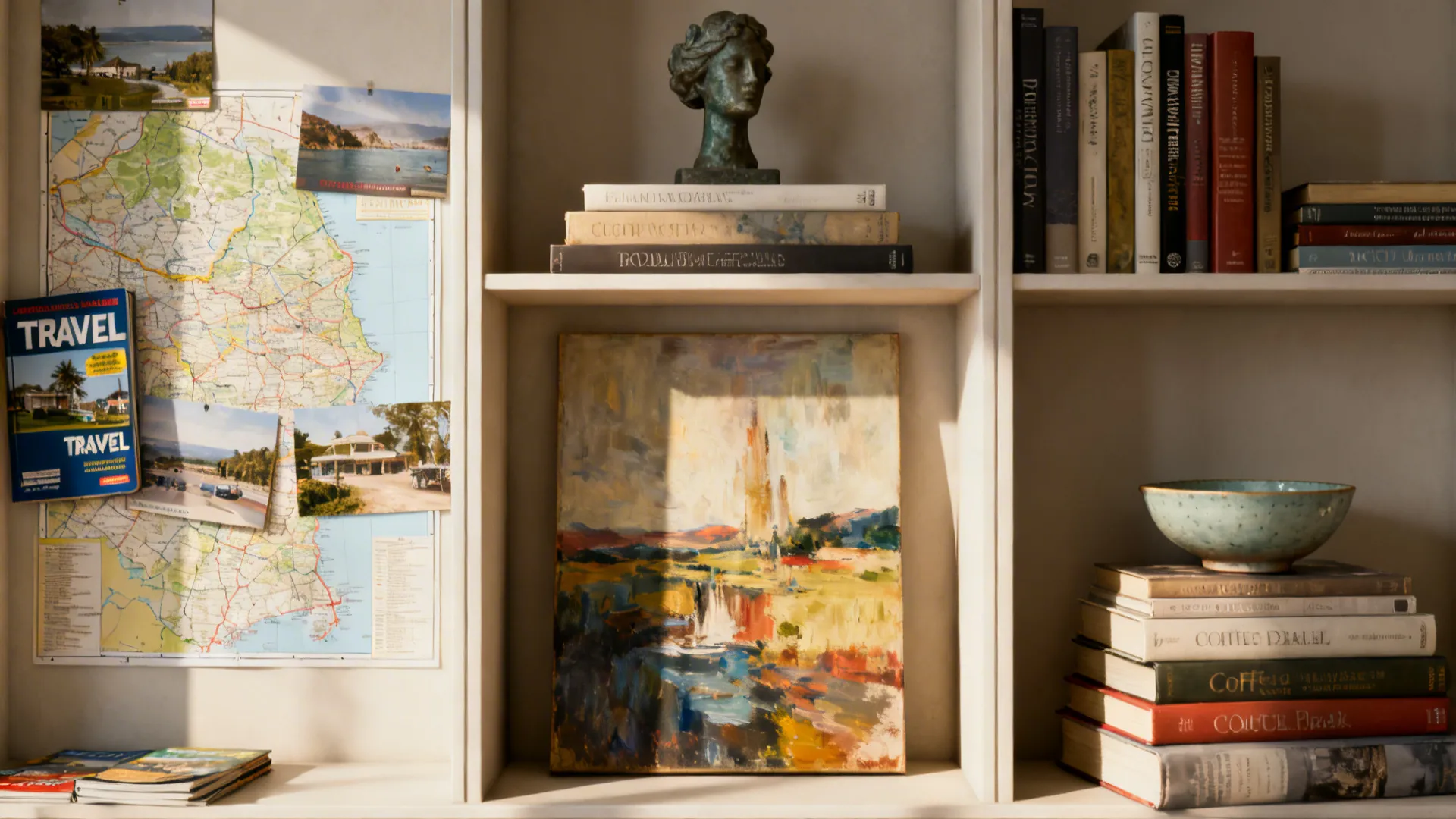 Bookshelf with separate themed vignettes for travel, art, and coffee-table reads.