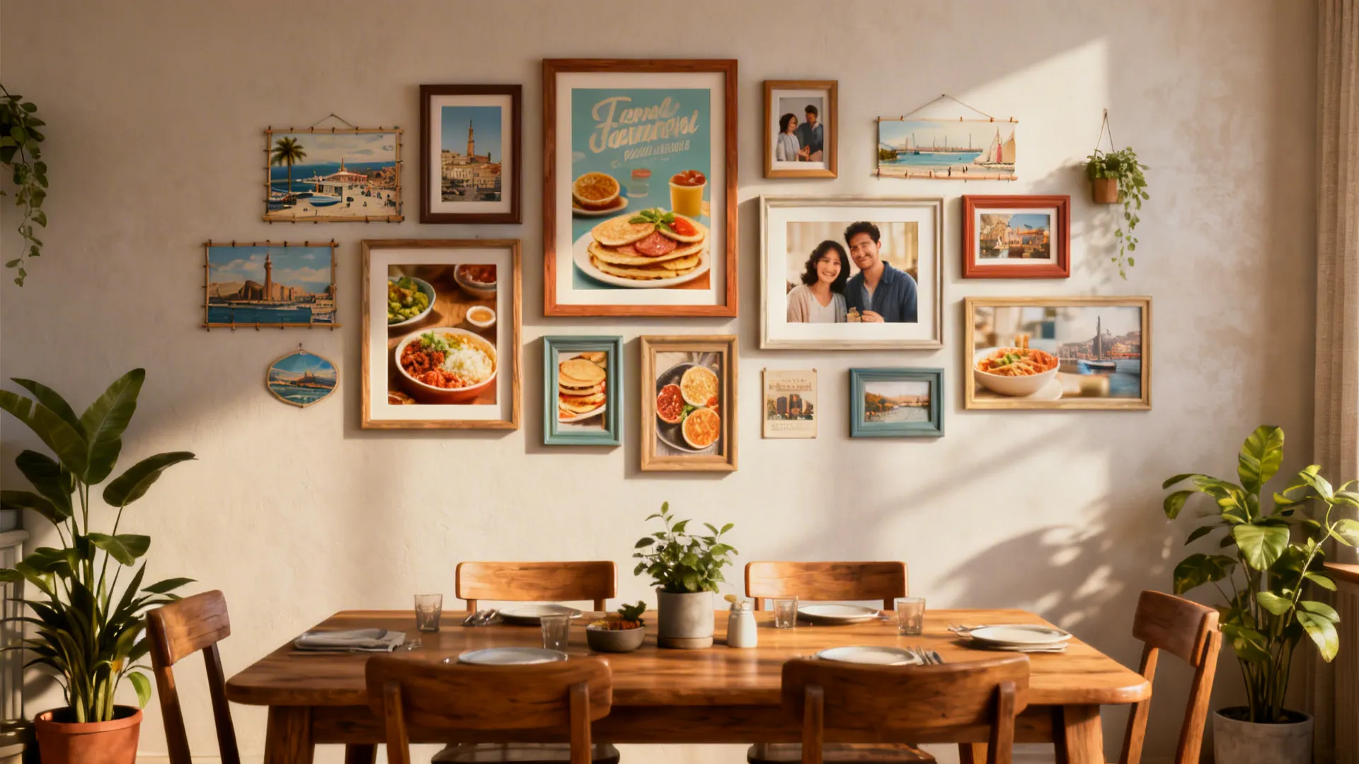 Themed dining wall with travel mementos, food prints and family photos in a cohesive palette.