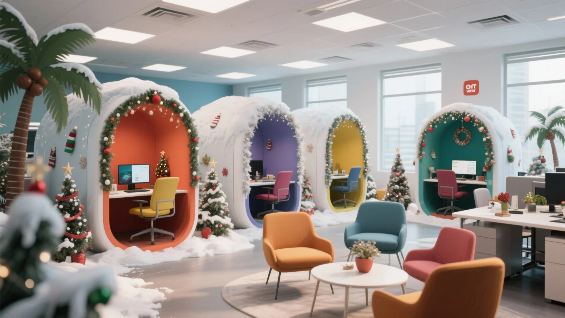 Creative office workspace featuring colorful egg shaped pods covered in snow with festive Christmas decorations