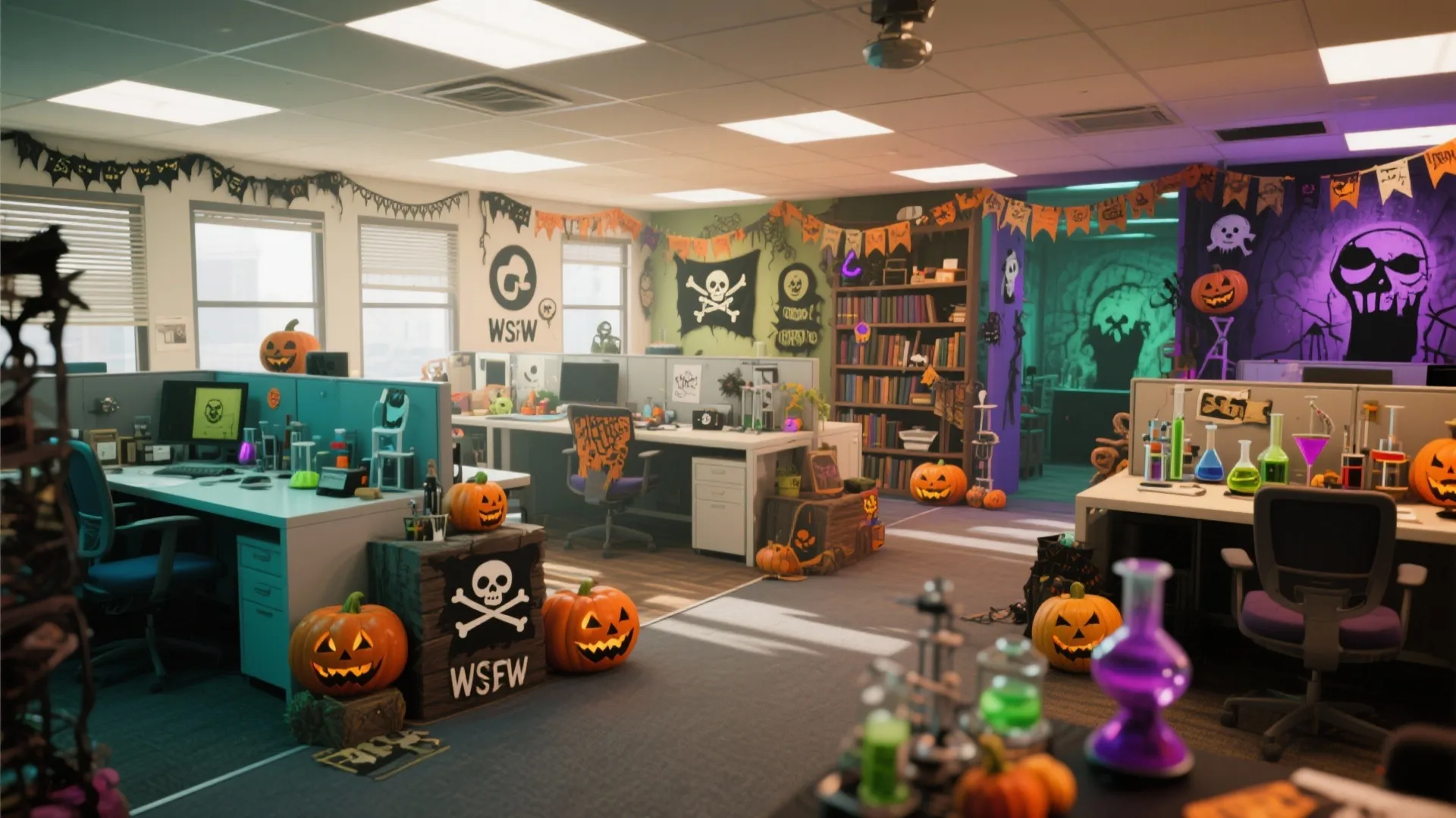 Office cubicles decorated with pirate flags pumpkins colorful laboratory bottles and scary Halloween wall art