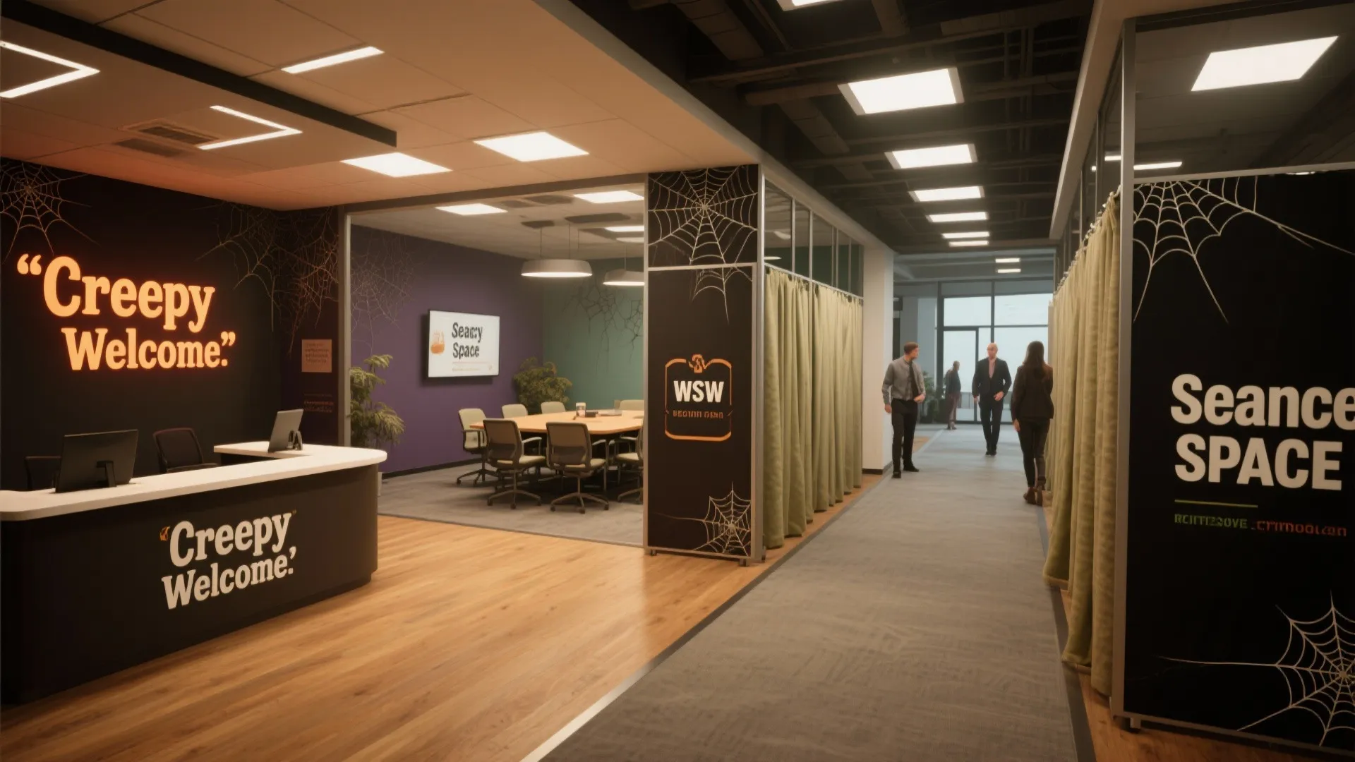 Office reception and meeting room with spider web wall panels curtains and Halloween themed signs