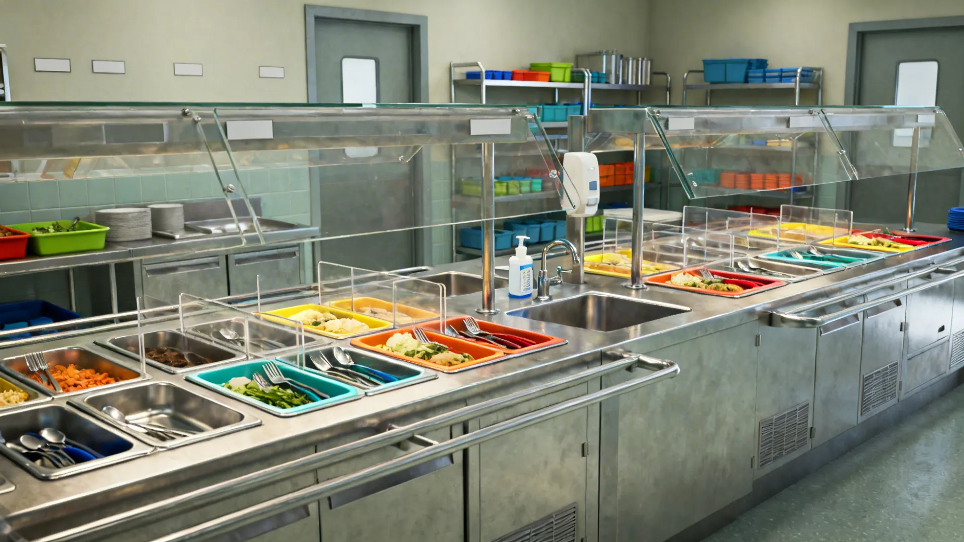Diet kitchen with color-coded micro-zones for allergen-free and therapeutic diets.