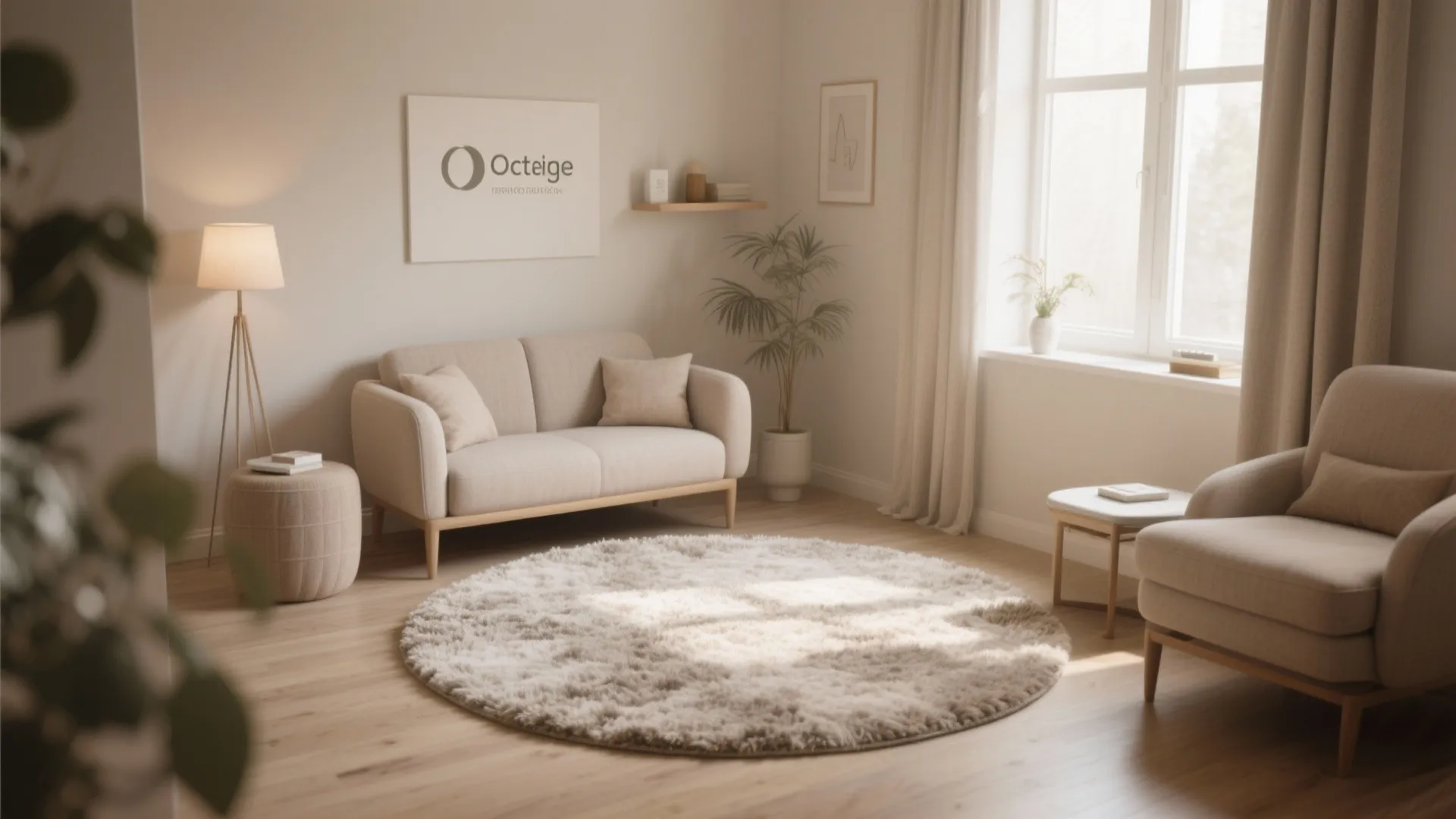 Round area rug in therapy office defining seating zone