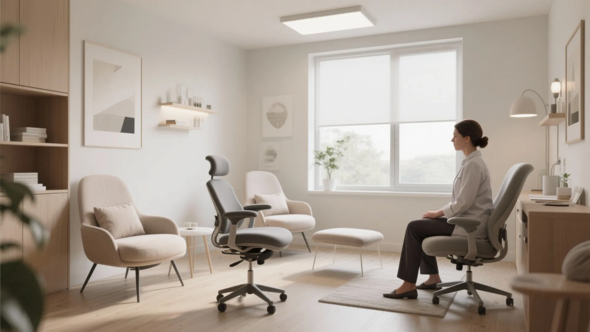 Therapy office with two stylish ergonomic chairs facing each other