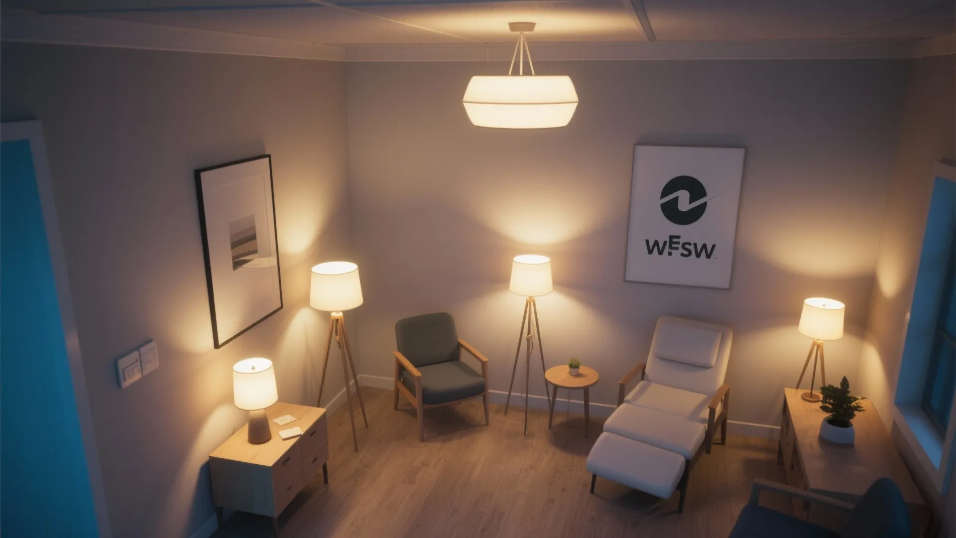 Top-down view of layered lighting in therapy office