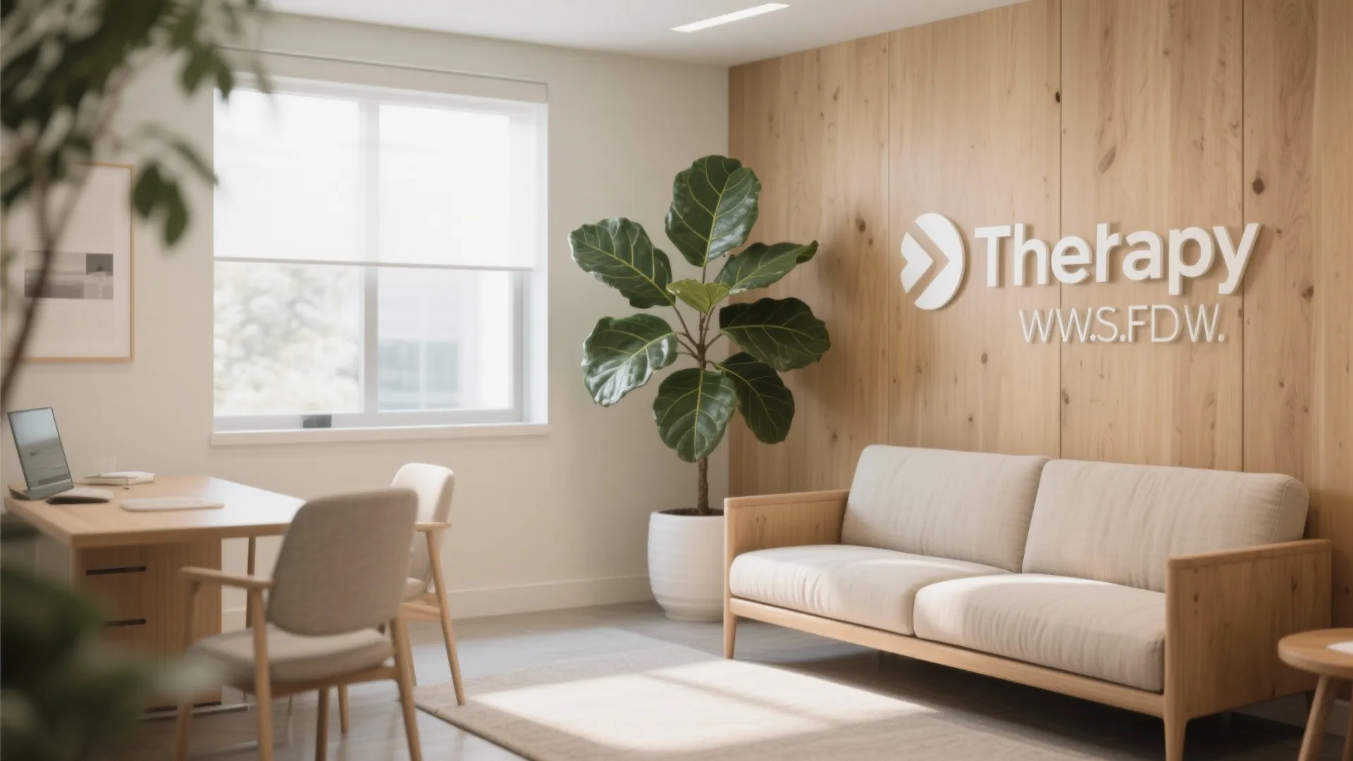 Therapy room with large fiddle-leaf fig and wood finishes