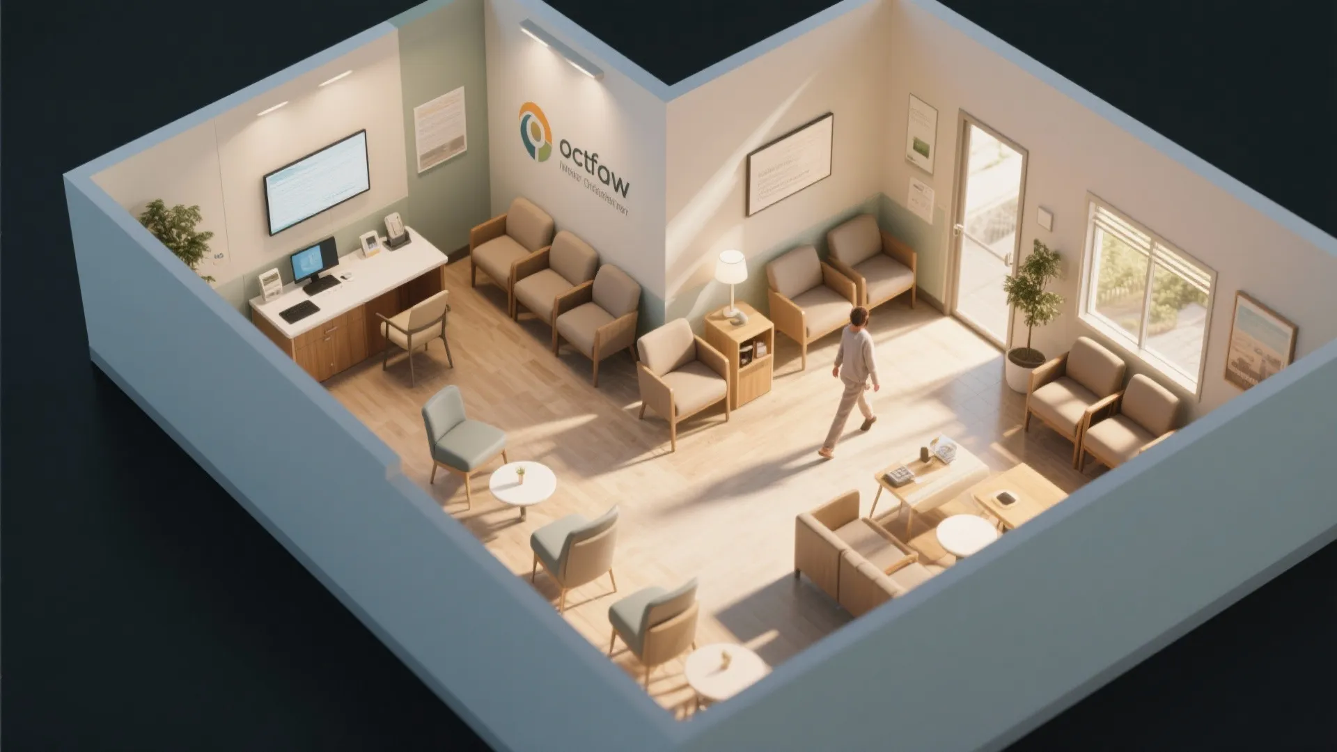 Modern office waiting room with wooden floor beige chairs reception desk and light from windows