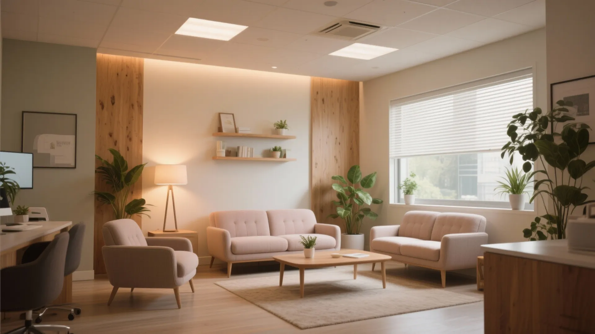 Modern waiting room with beige sofas wooden coffee table green plants and warm interior wall lighting