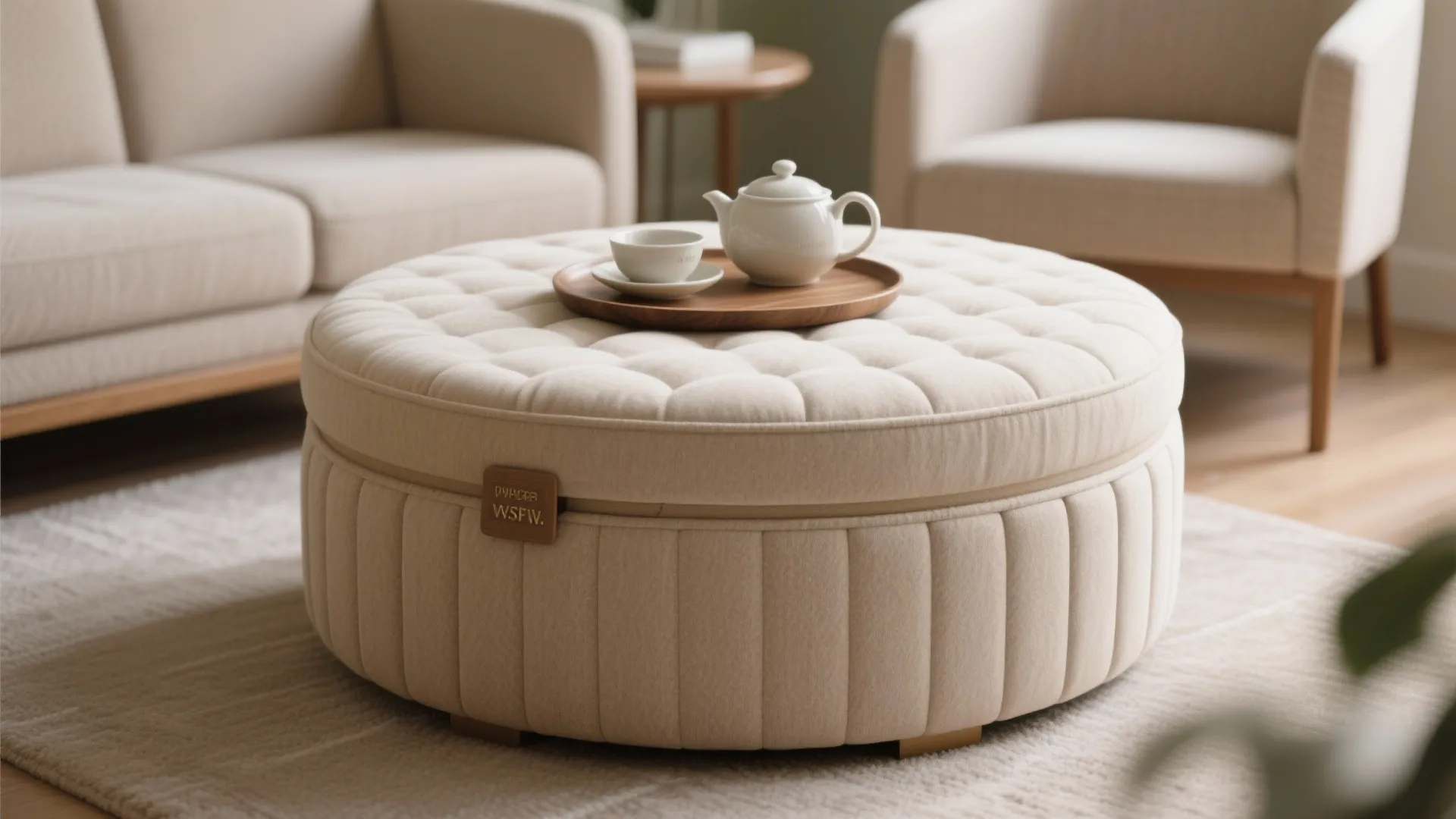 Round upholstered ottoman serving as coffee table with tea set