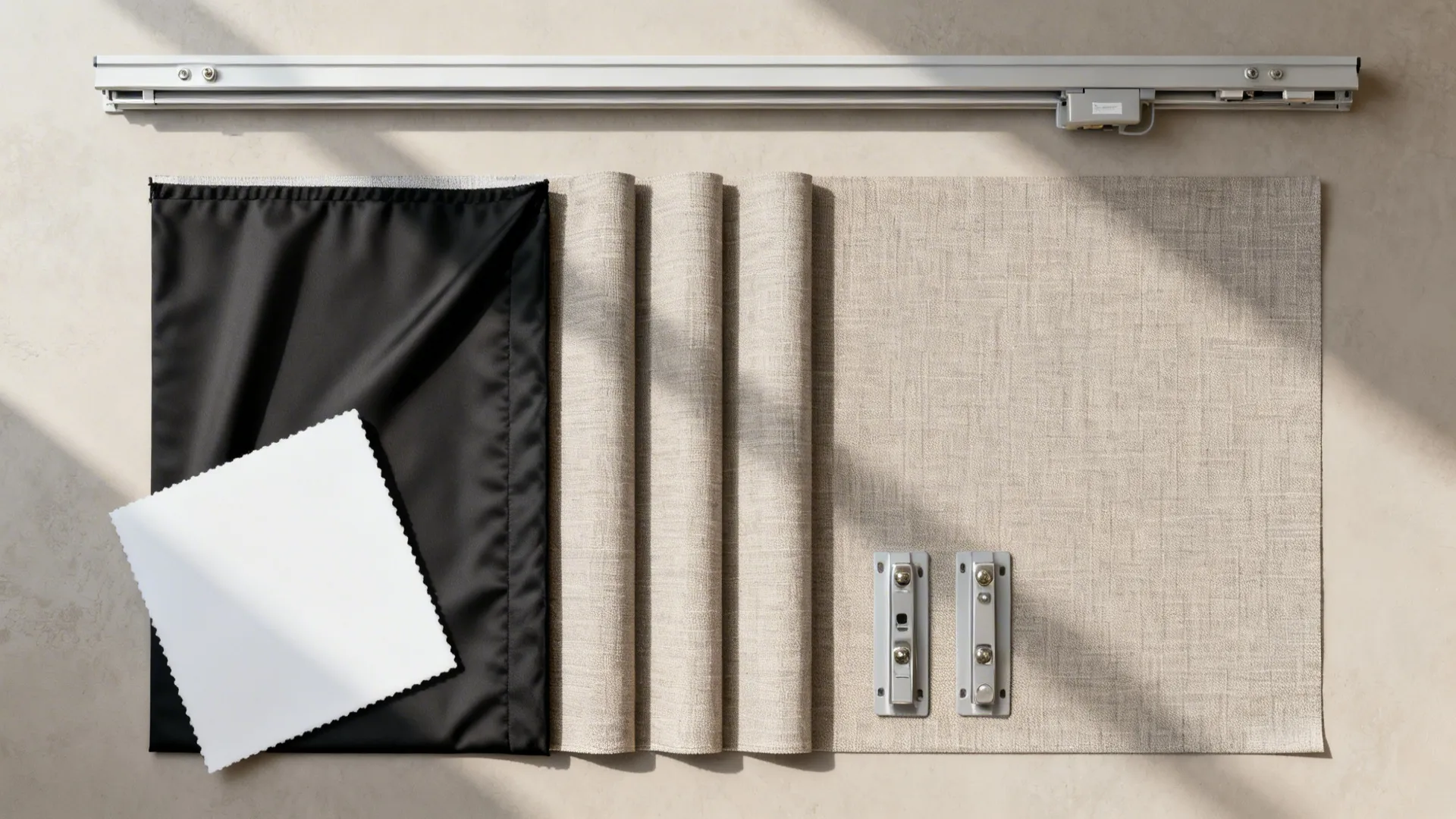 Flatlay showing blackout lining, thermal interlining, dense curtain fabric and hardware in soft daylight.