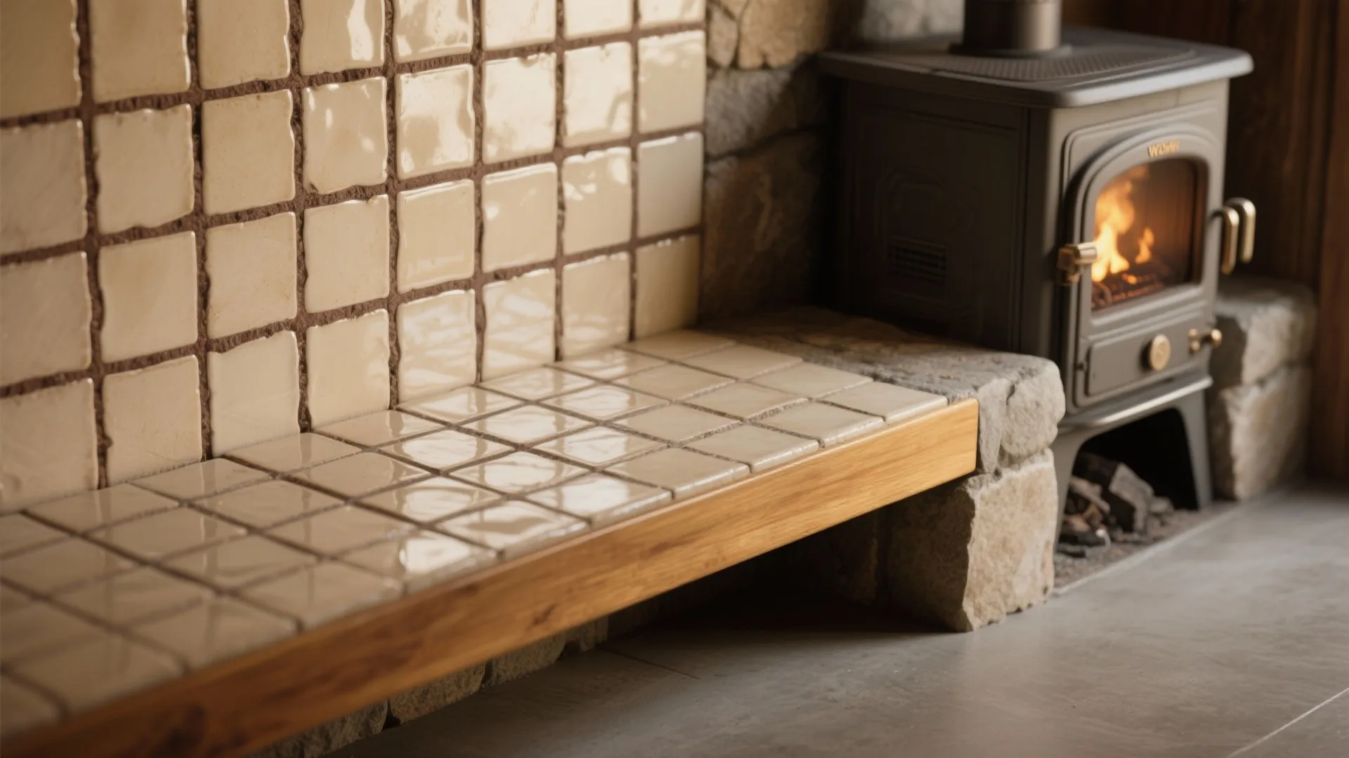 Cozy tiled bench with wood trim next to a burning black fireplace stove in room