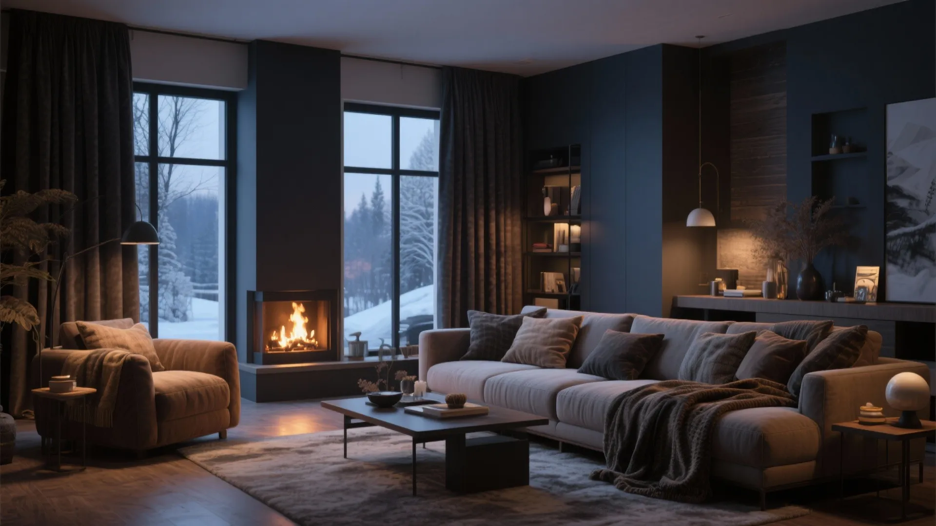 Living room with dark thermal blackout curtains and cozy decor