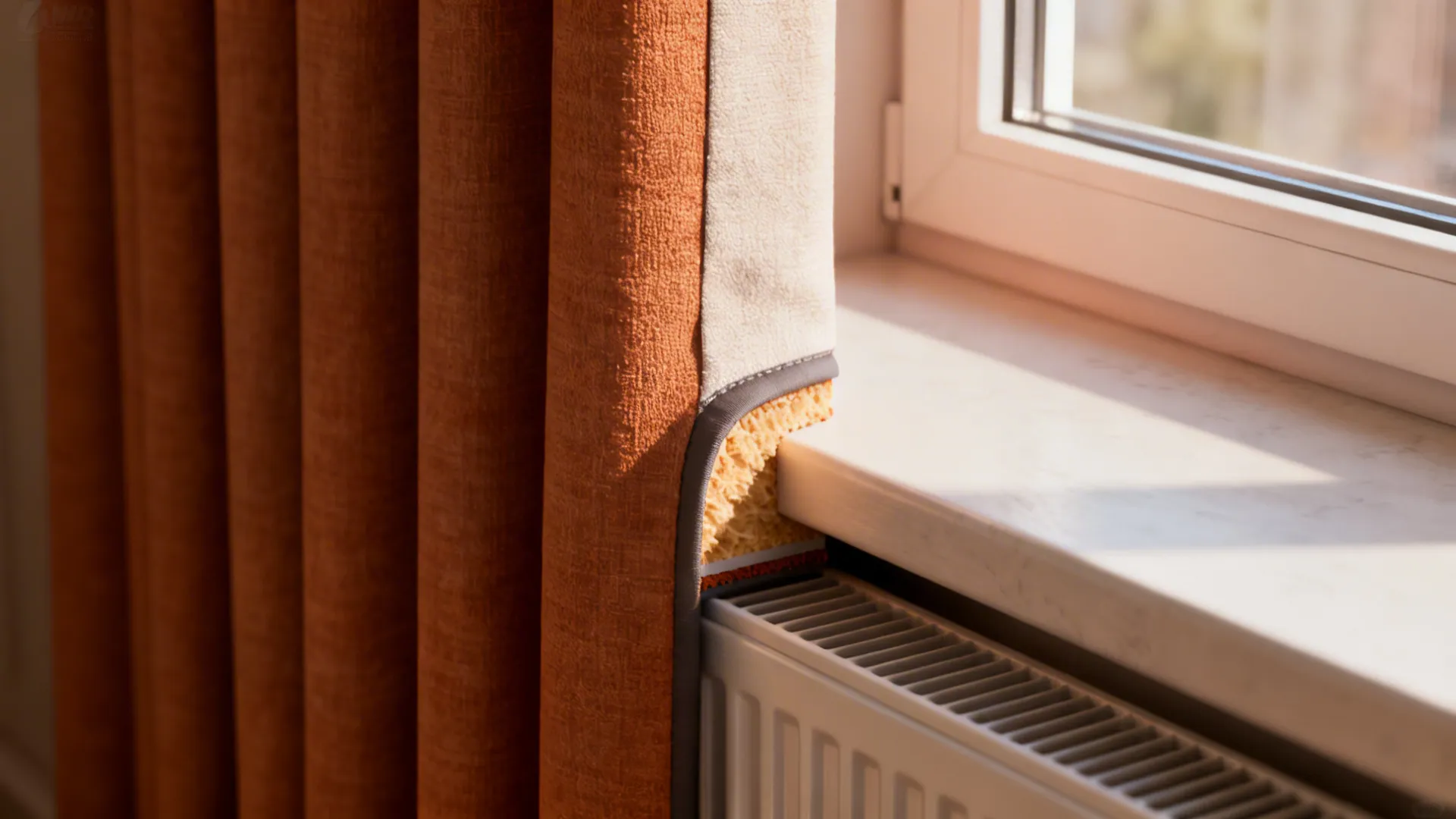 Thermal-backed blackout curtain fabric cross-section showing insulation benefits