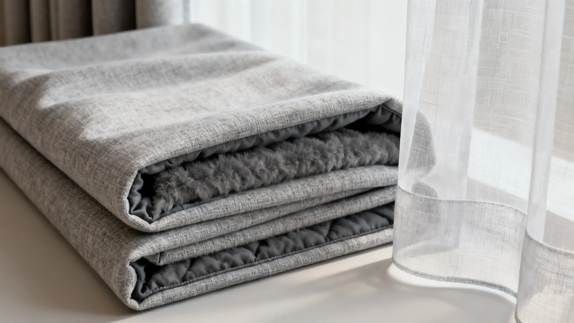 Close-up of thermal blackout curtain fabric showing insulating lining and paired sheer.