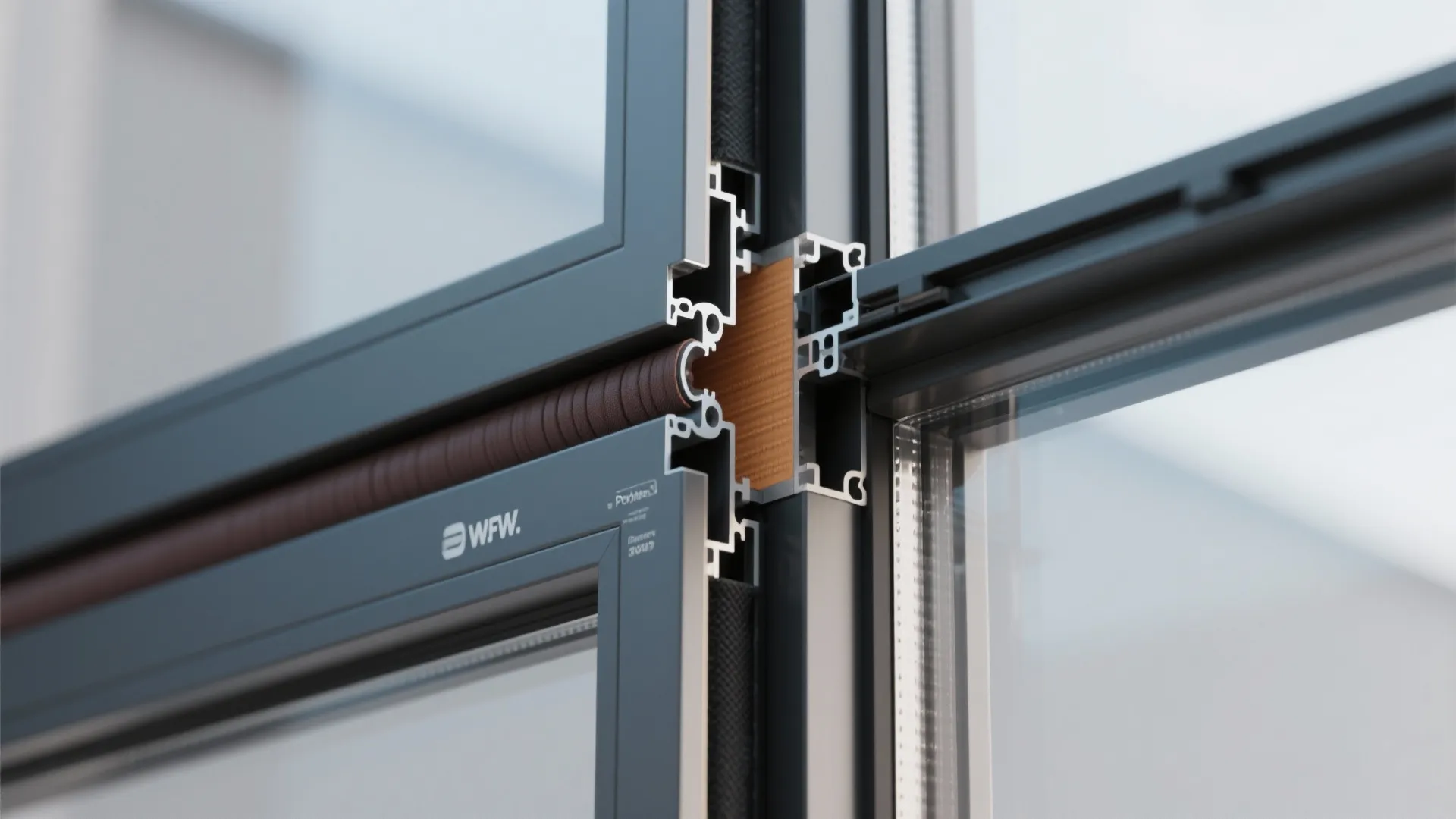 Close up of a window frame design showing the interior cross section with insulation material