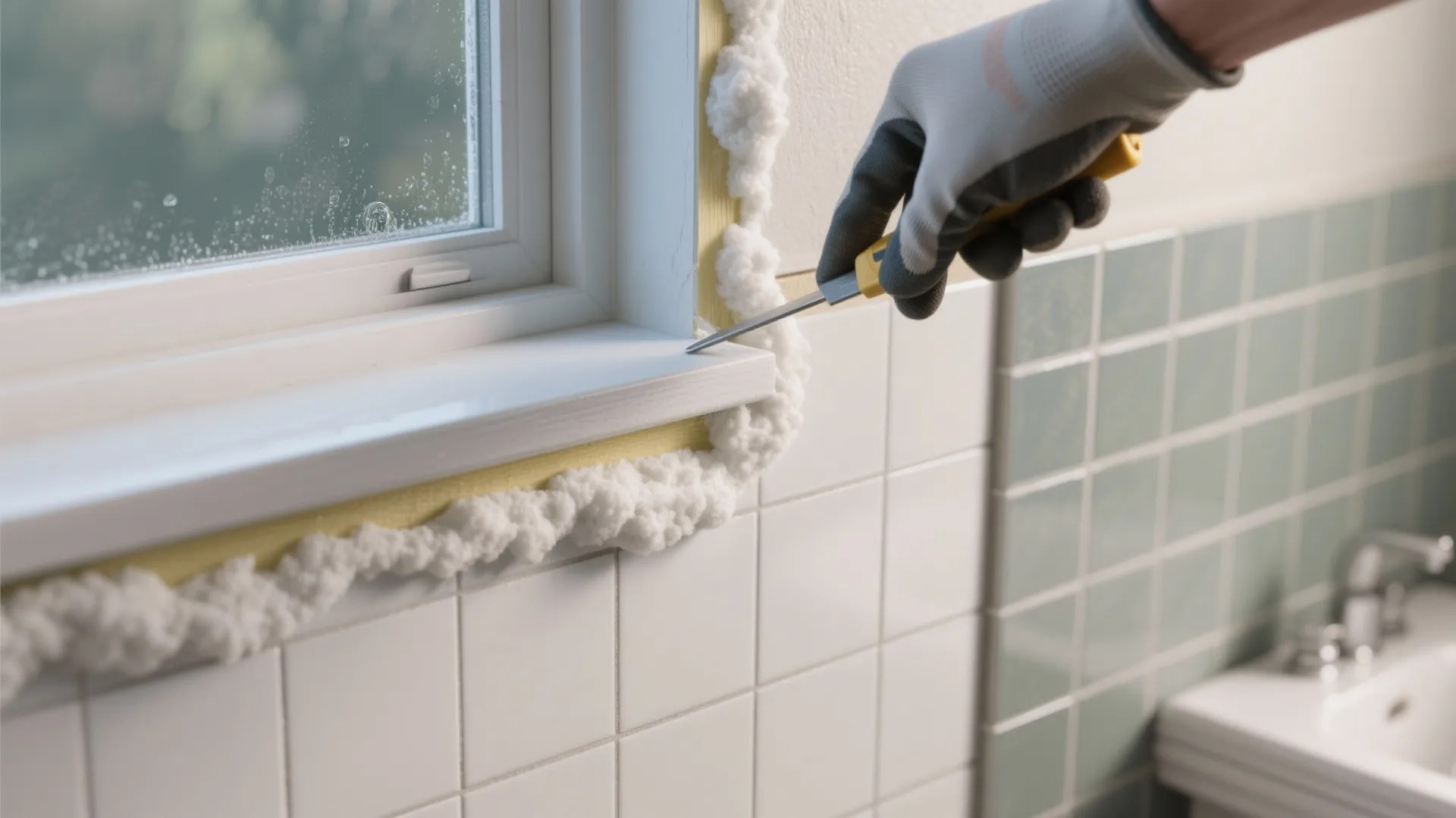 Gloved hand using small tool to fix white spray foam insulation around the white window